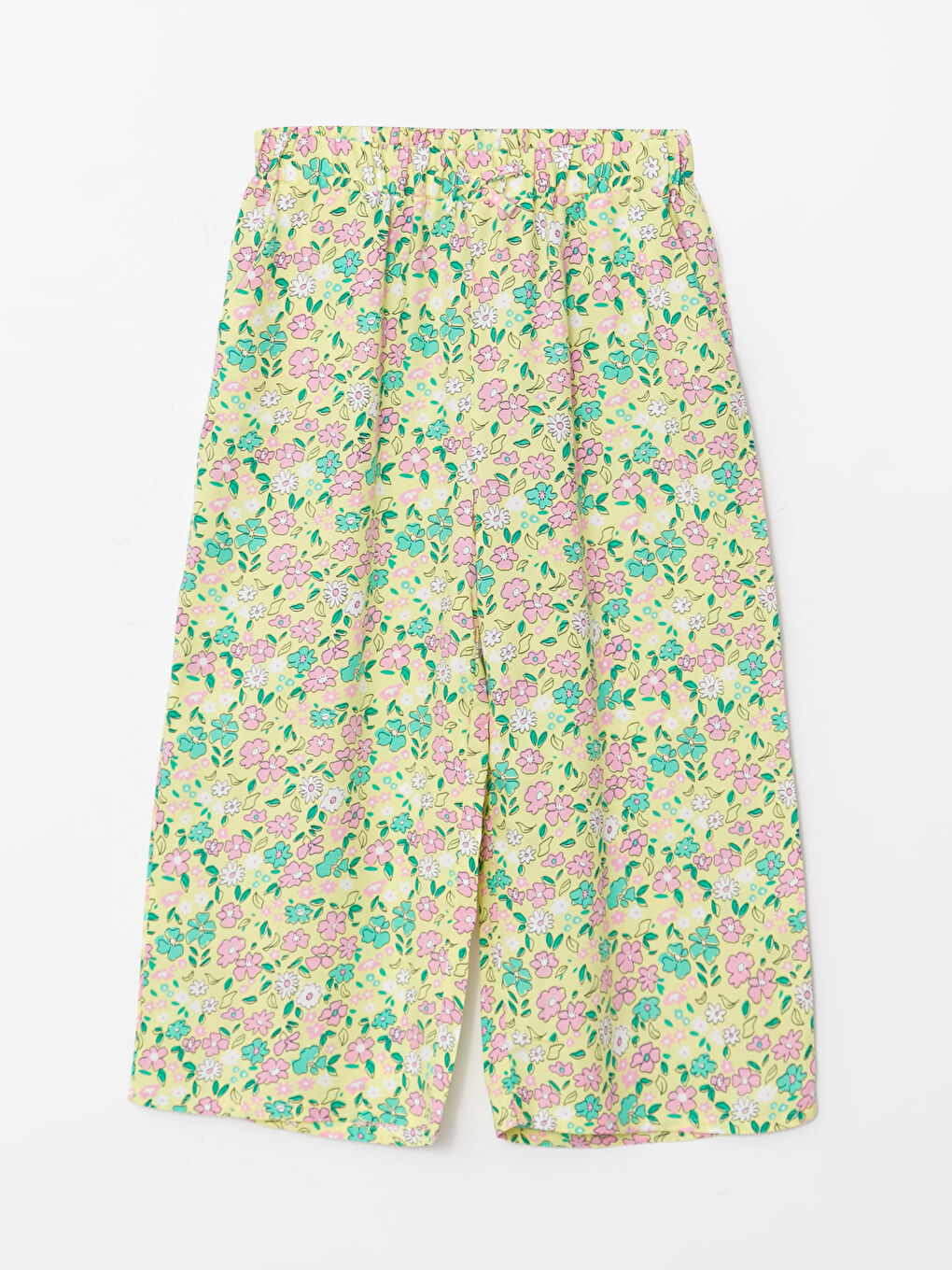 Yeşil Beli Lastikli Geniş Paça Viskon Kız Çocuk Kapri