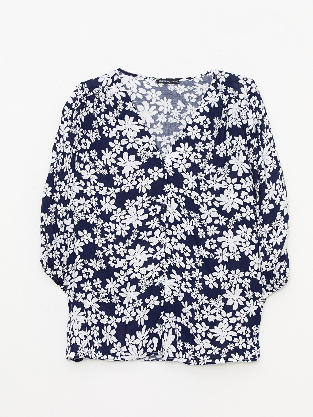 Lacivert Büyük Beden V Yaka Çiçekli Viskon Kadın Bluz-5