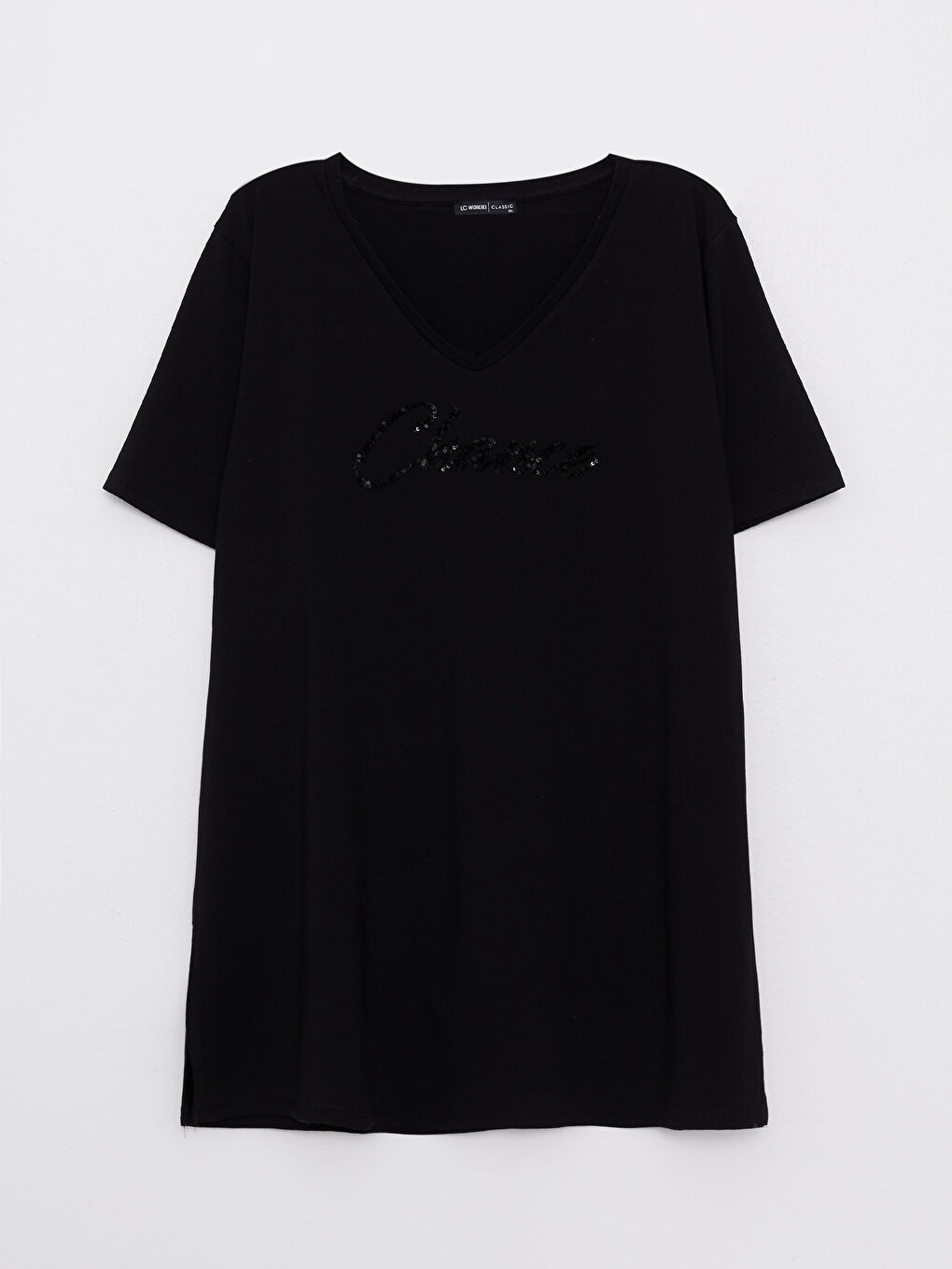 Siyah Büyük Beden V Yaka Pul Payet İşlemeli Kısa Kollu Kadın Tişört-5