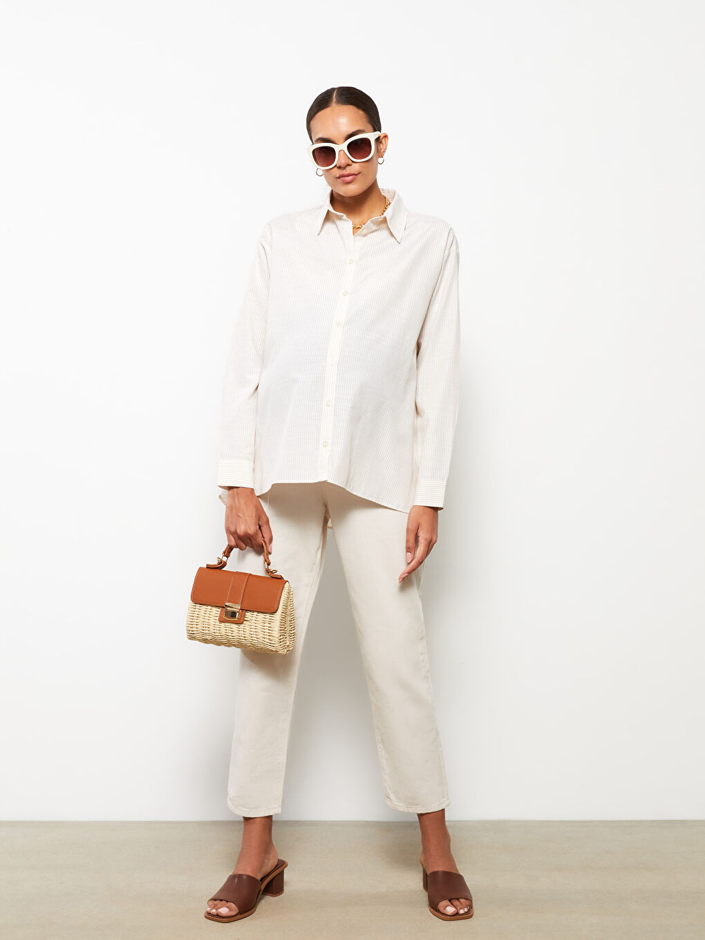 Kahverengi Önden Düğme Kapamalı Çizgili Uzun Kollu Poplin Hamile Gömlek