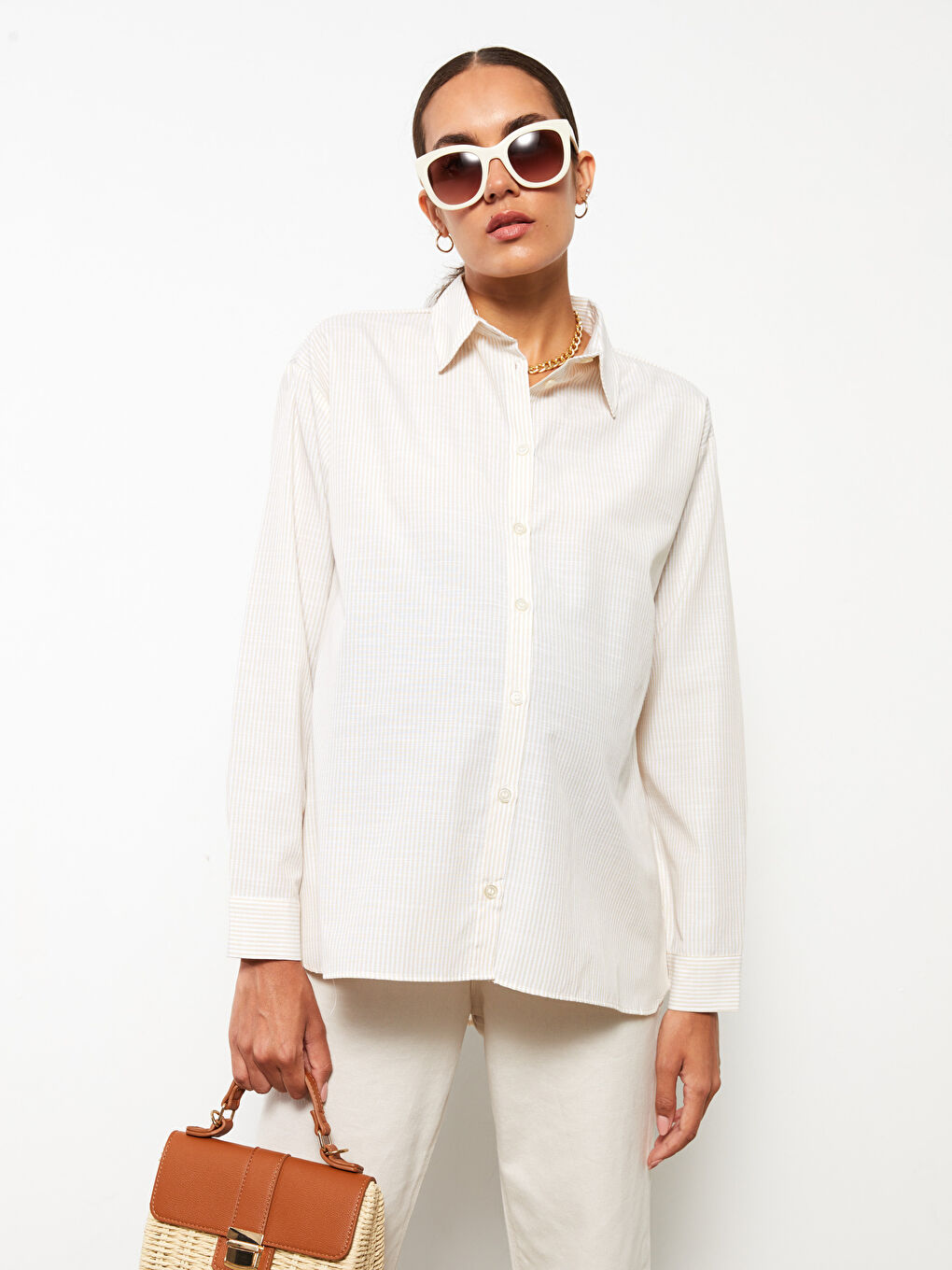 Kahverengi Önden Düğme Kapamalı Çizgili Uzun Kollu Poplin Hamile Gömlek-1