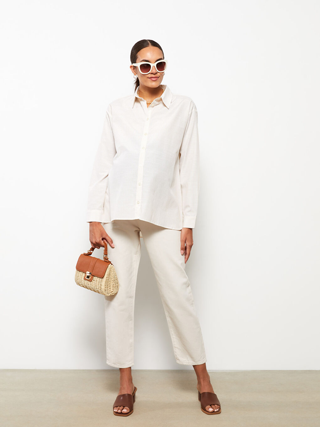 Kahverengi Önden Düğme Kapamalı Çizgili Uzun Kollu Poplin Hamile Gömlek-2