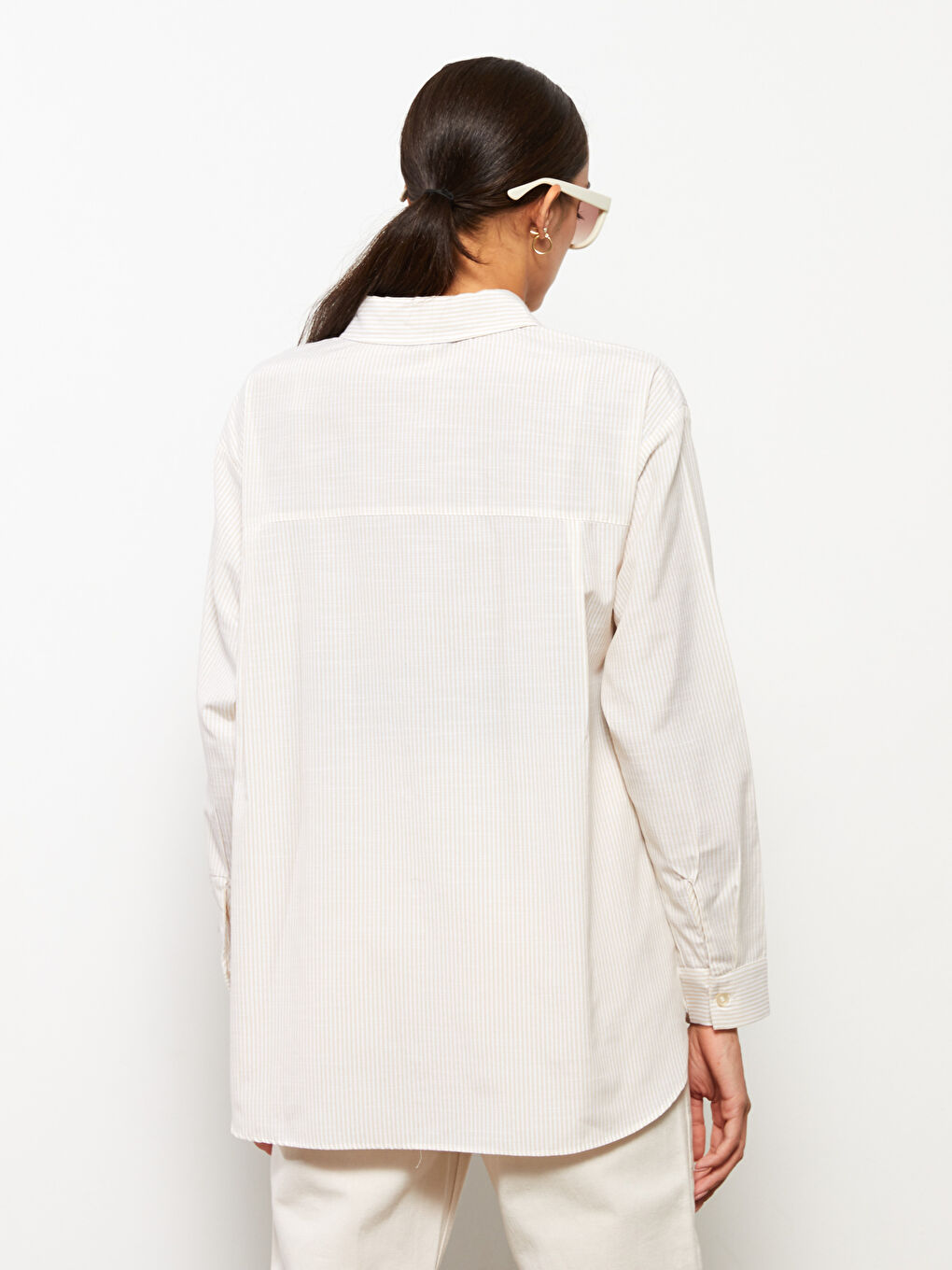 Kahverengi Önden Düğme Kapamalı Çizgili Uzun Kollu Poplin Hamile Gömlek-4