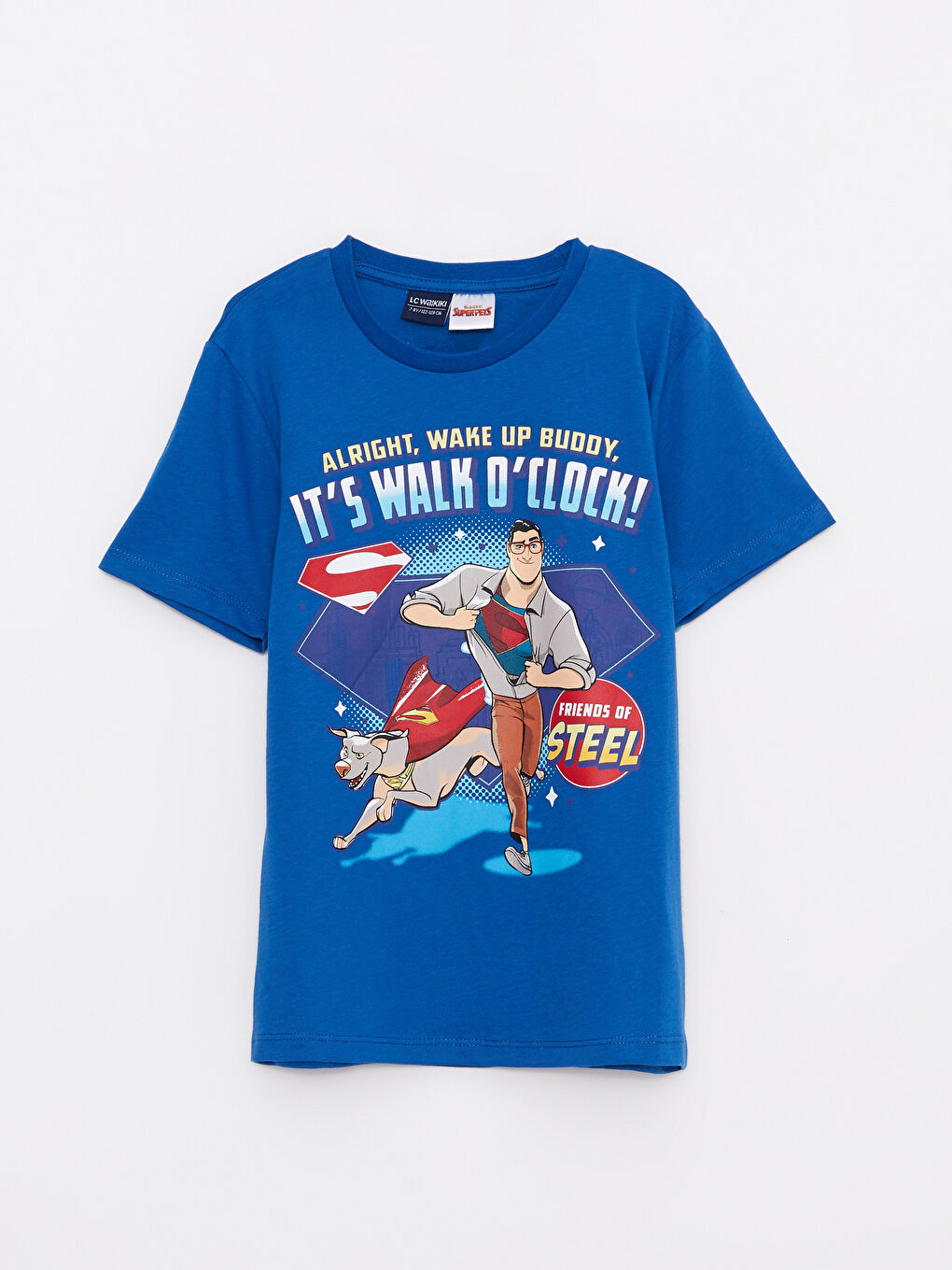 Mavi Bisiklet Yaka DC Süper Evciller Takımı Baskılı Kısa Kollu Pamuklu Erkek Çocuk Tişört