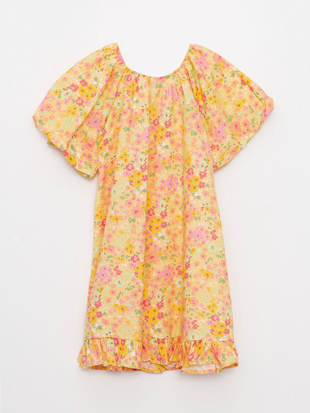 Sarı Kayık Yaka Desenli Balon Kol Poplin Kız Çocuk Elbise-1