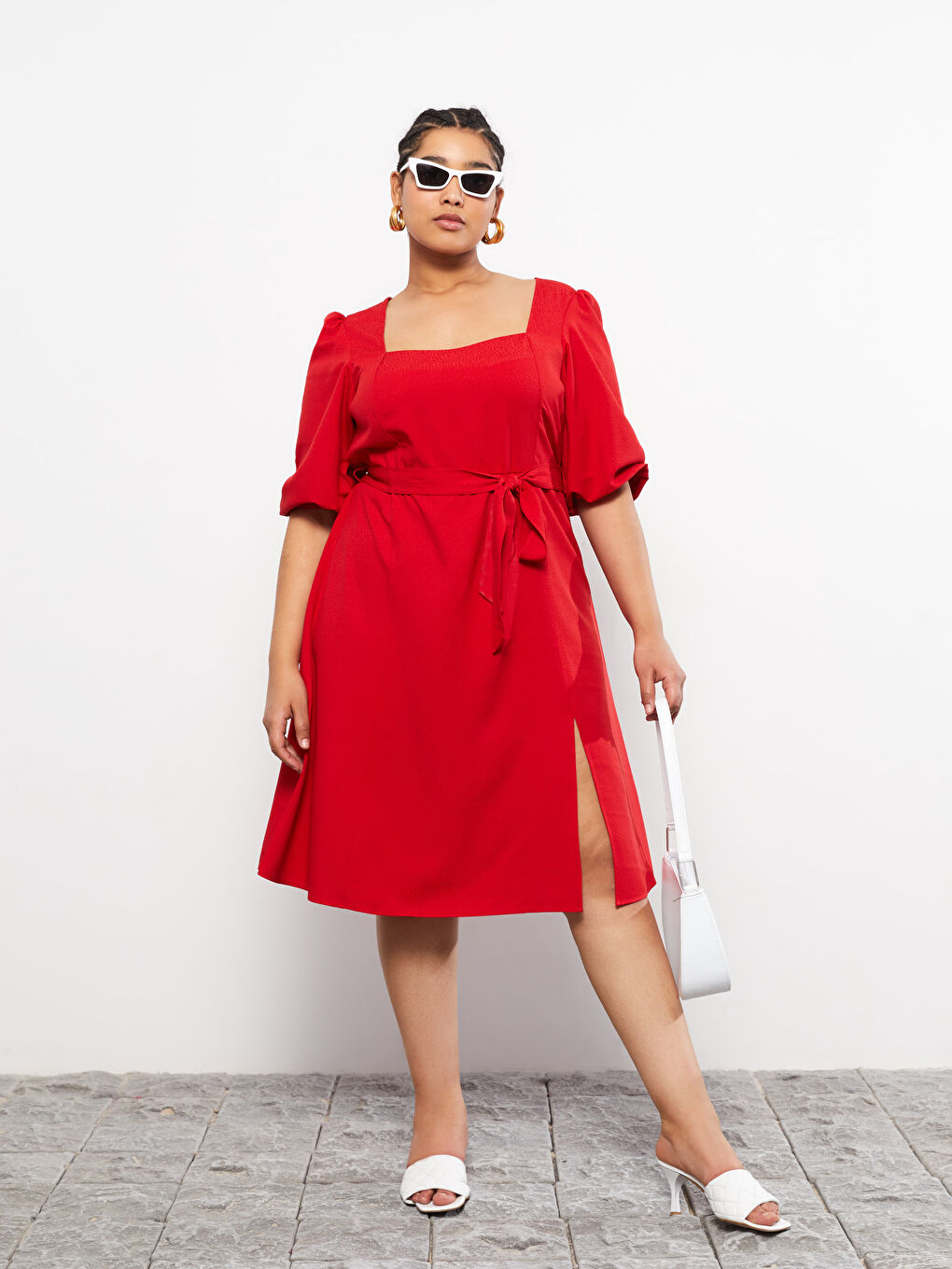 პლუს ზომა კვადრატული საყელო სწორი გრძელმკლავიანი ქალებისთვის კაბა