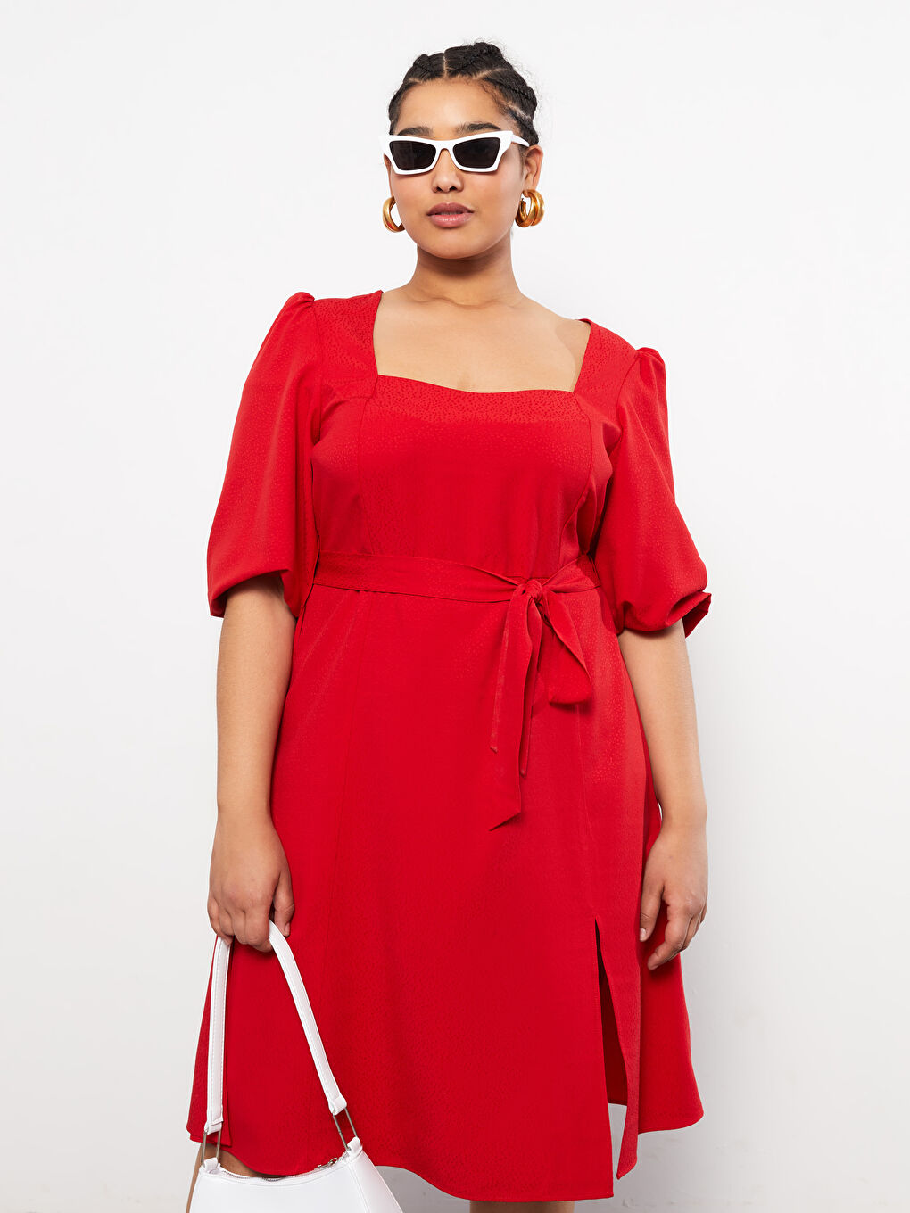 პლუს ზომა კვადრატული საყელო სწორი გრძელმკლავიანი ქალებისთვის კაბა-1