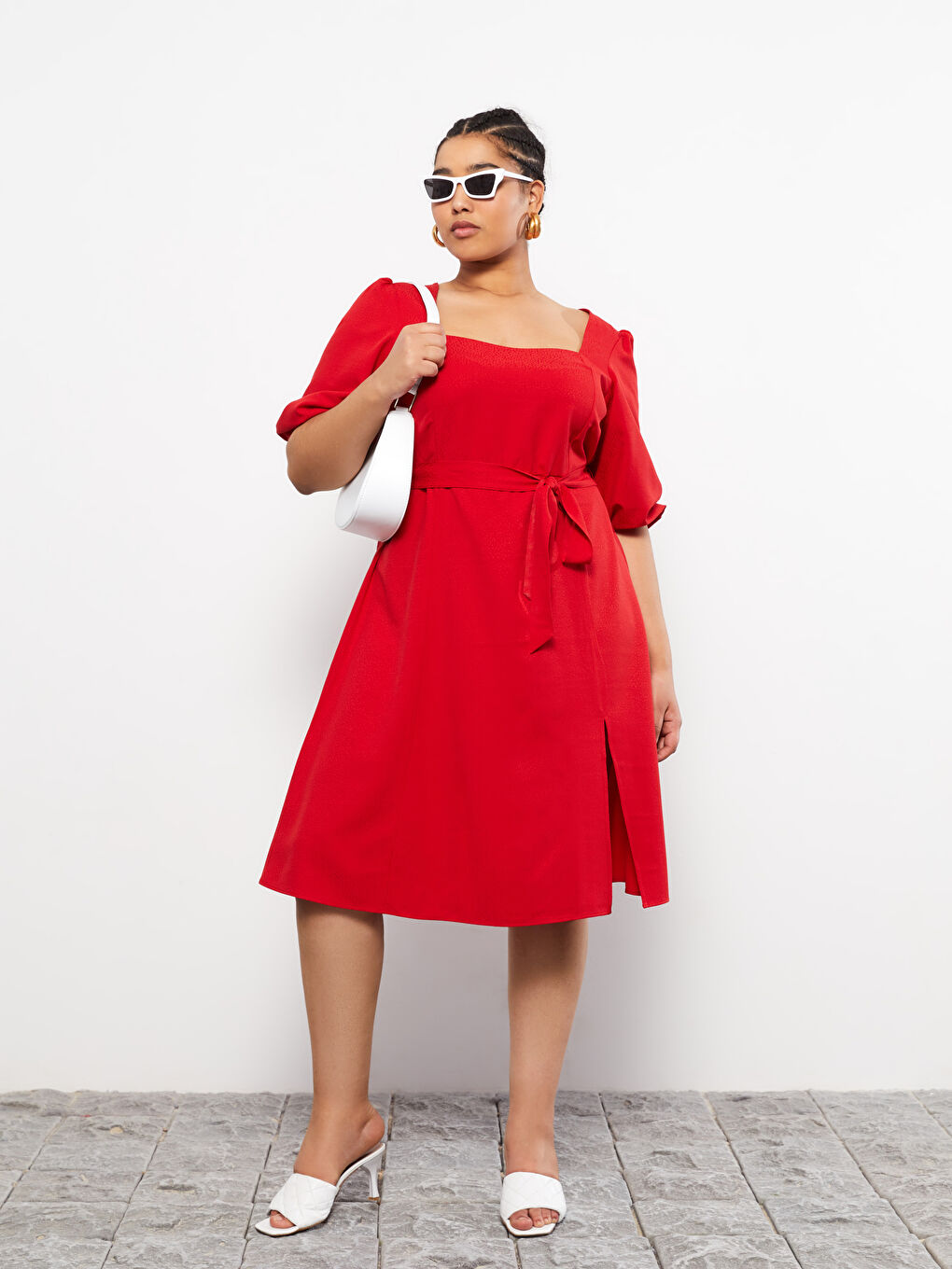 პლუს ზომა კვადრატული საყელო სწორი გრძელმკლავიანი ქალებისთვის კაბა-2