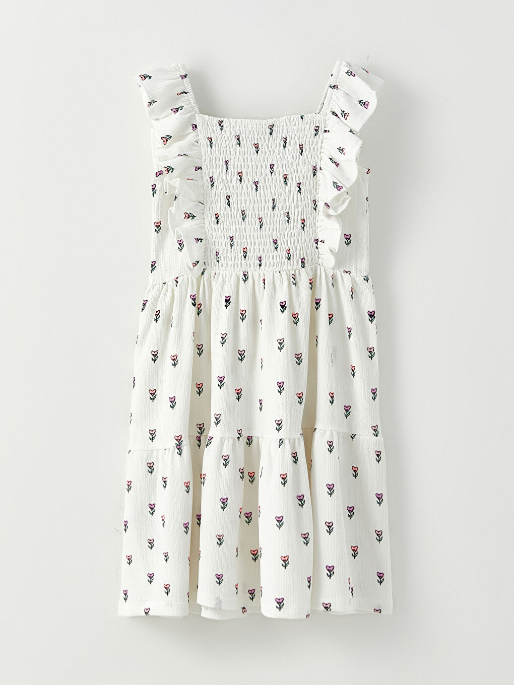 Ekru Kare Yaka Desenli Kız Çocuk Elbise-1