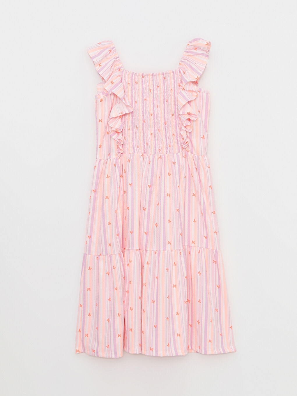 Turuncu Kare Yaka Desenli Kız Çocuk Elbise