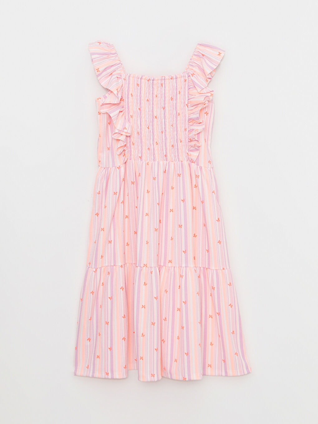 Turuncu Kare Yaka Desenli Kız Çocuk Elbise-1