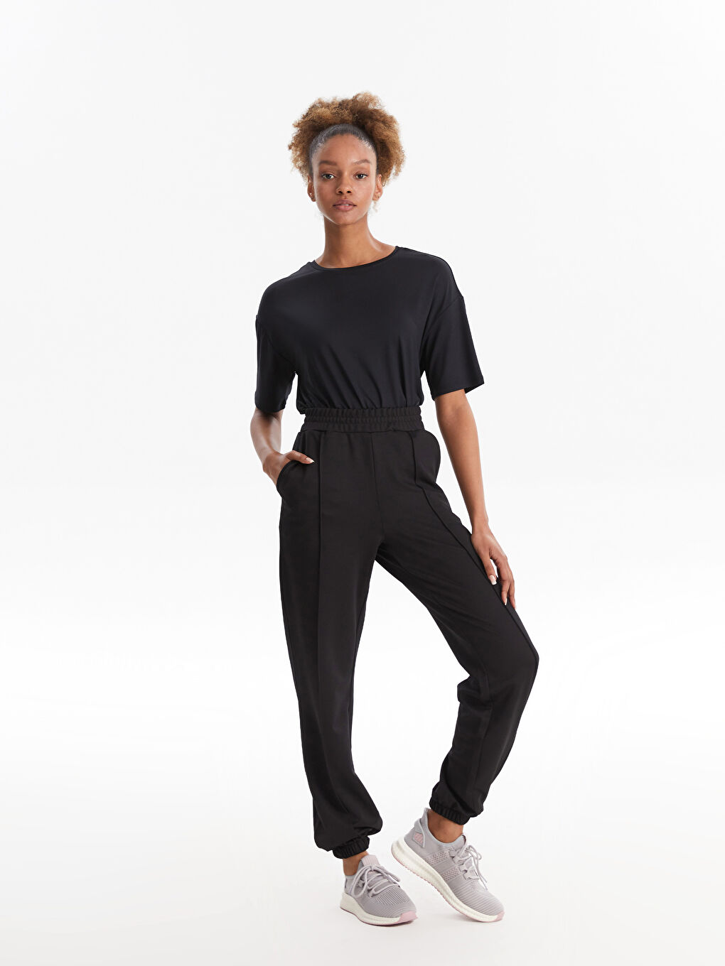 Siyah Kadın Beli Lastikli Düz Jogger Eşofman Altı