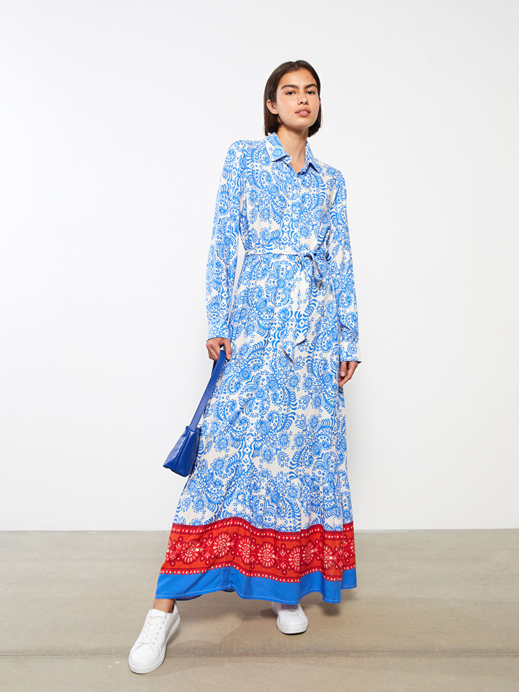 Mavi Desenli Uzun Kollu Viskon Kadın Gömlek Elbise