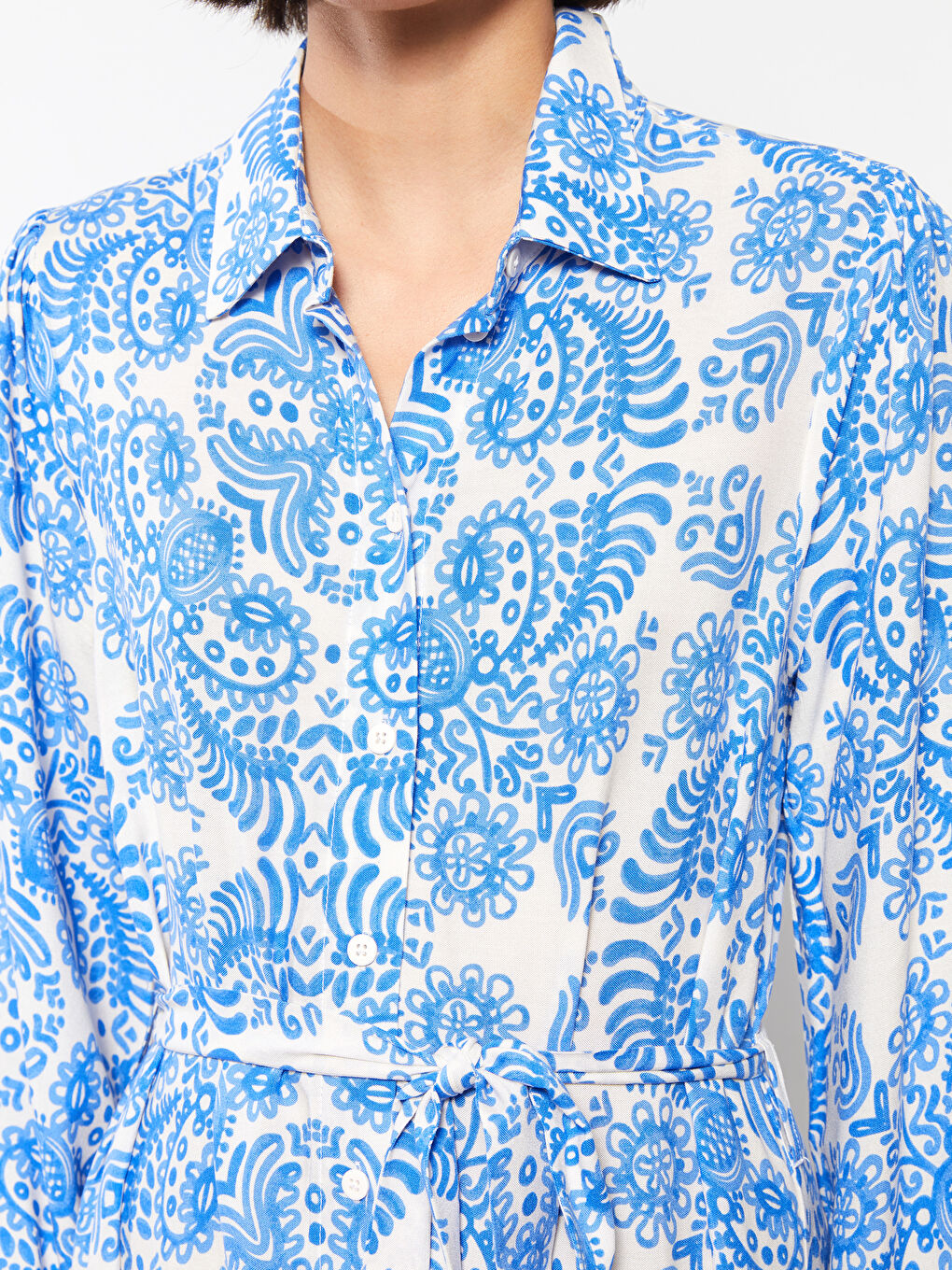 Mavi Desenli Uzun Kollu Viskon Kadın Gömlek Elbise-3