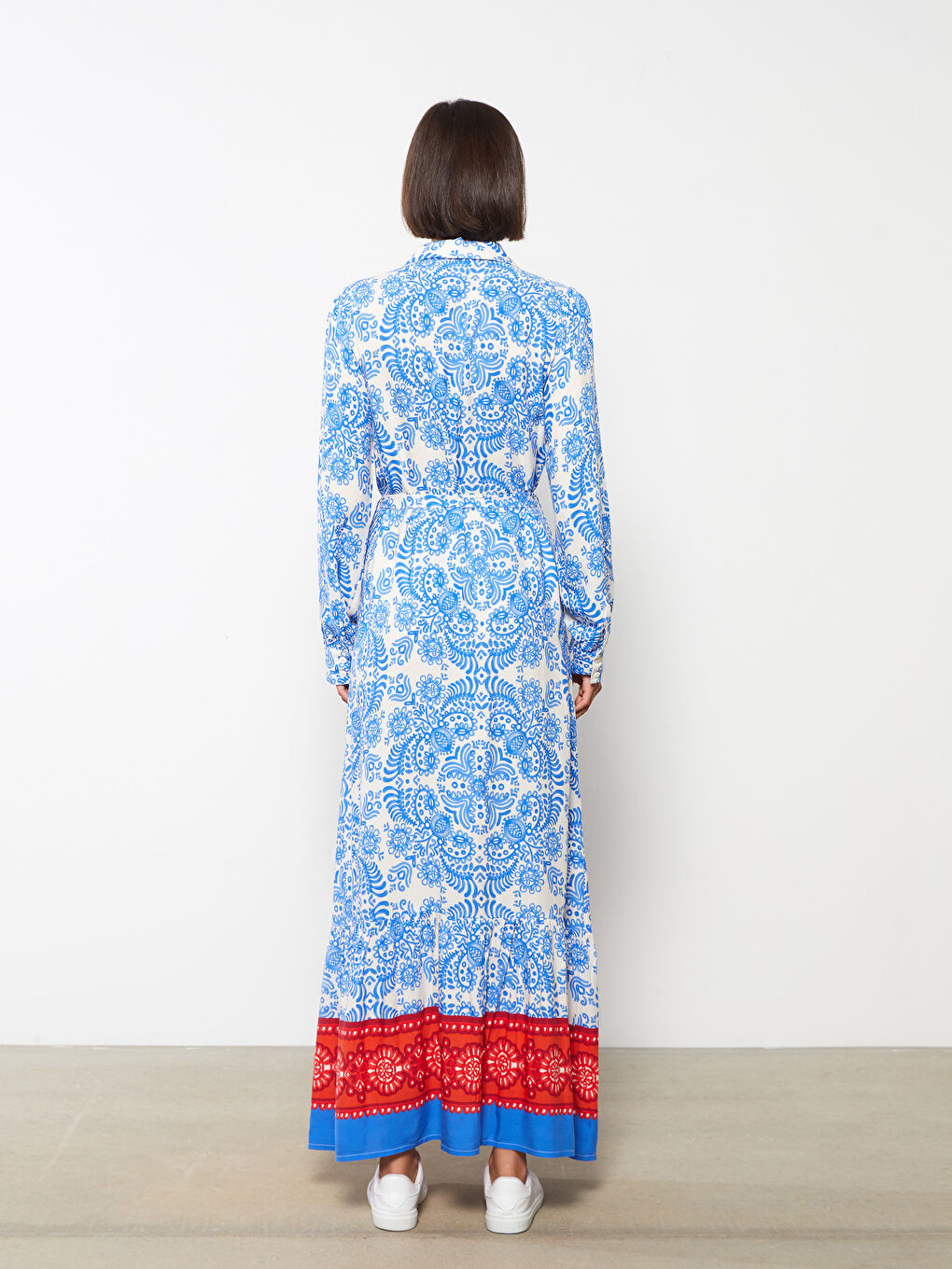 Mavi Desenli Uzun Kollu Viskon Kadın Gömlek Elbise-4