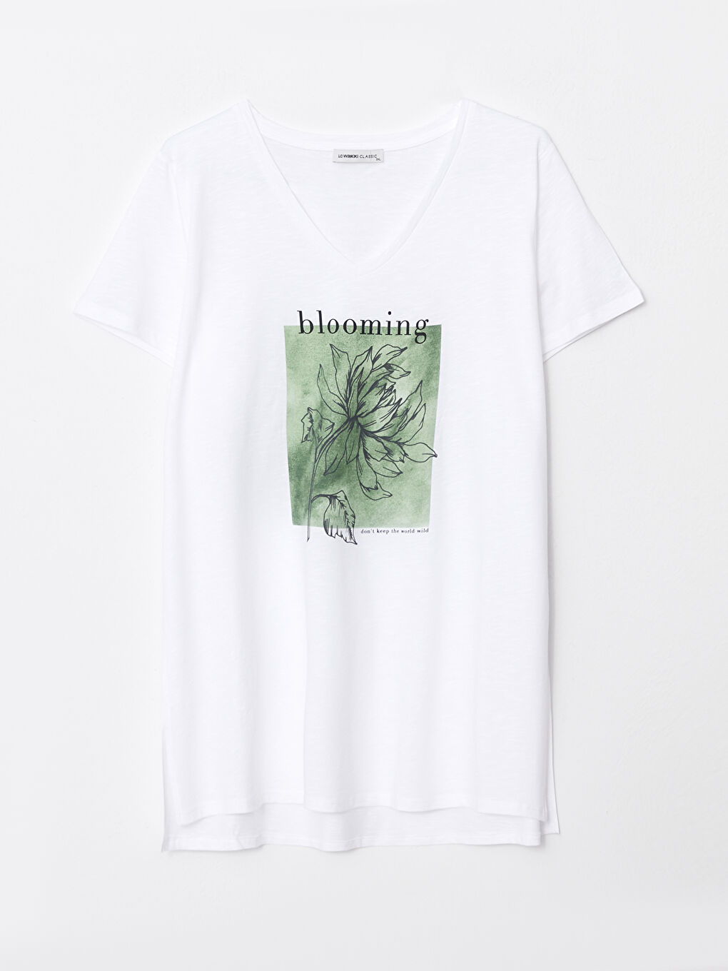 Ekru Büyük Beden V Yaka Baskılı Kısa Kollu Pamuklu Kadın Tişört-5