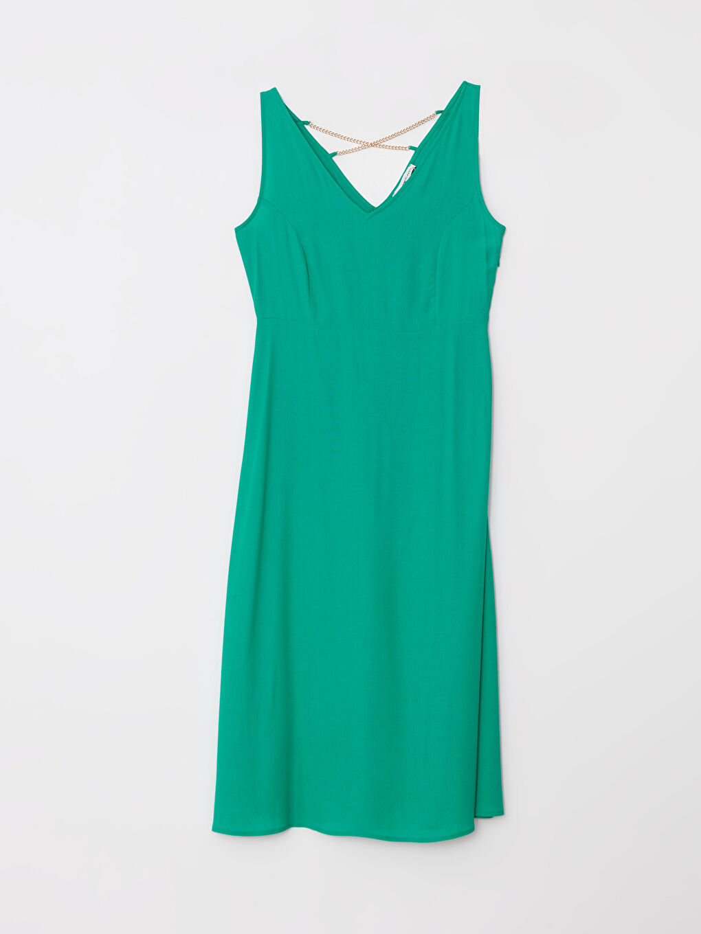 Yeşil V Yaka Düz Kolsuz Viskon Elbise-5