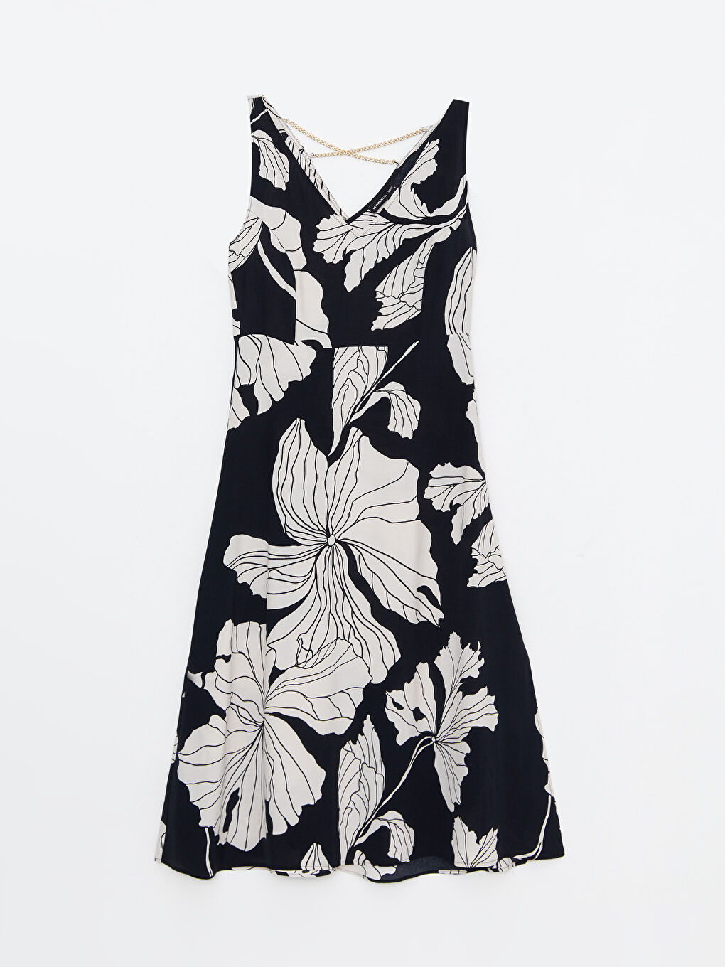 Siyah V Yaka Desenli Kolsuz Viskon Kadın Elbise-6