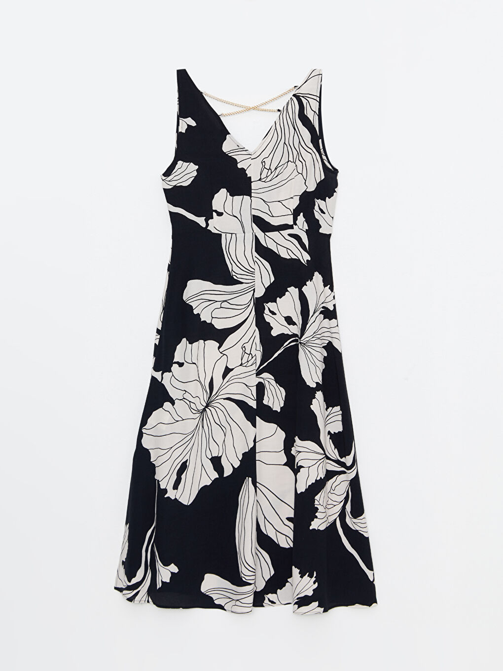 Siyah V Yaka Desenli Kolsuz Viskon Kadın Elbise-7