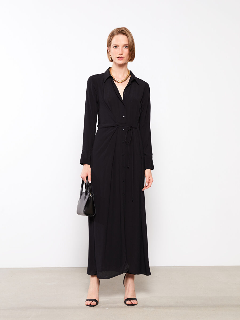 Robe Chemise Femme Unie à Manches Longues en Viscose-2