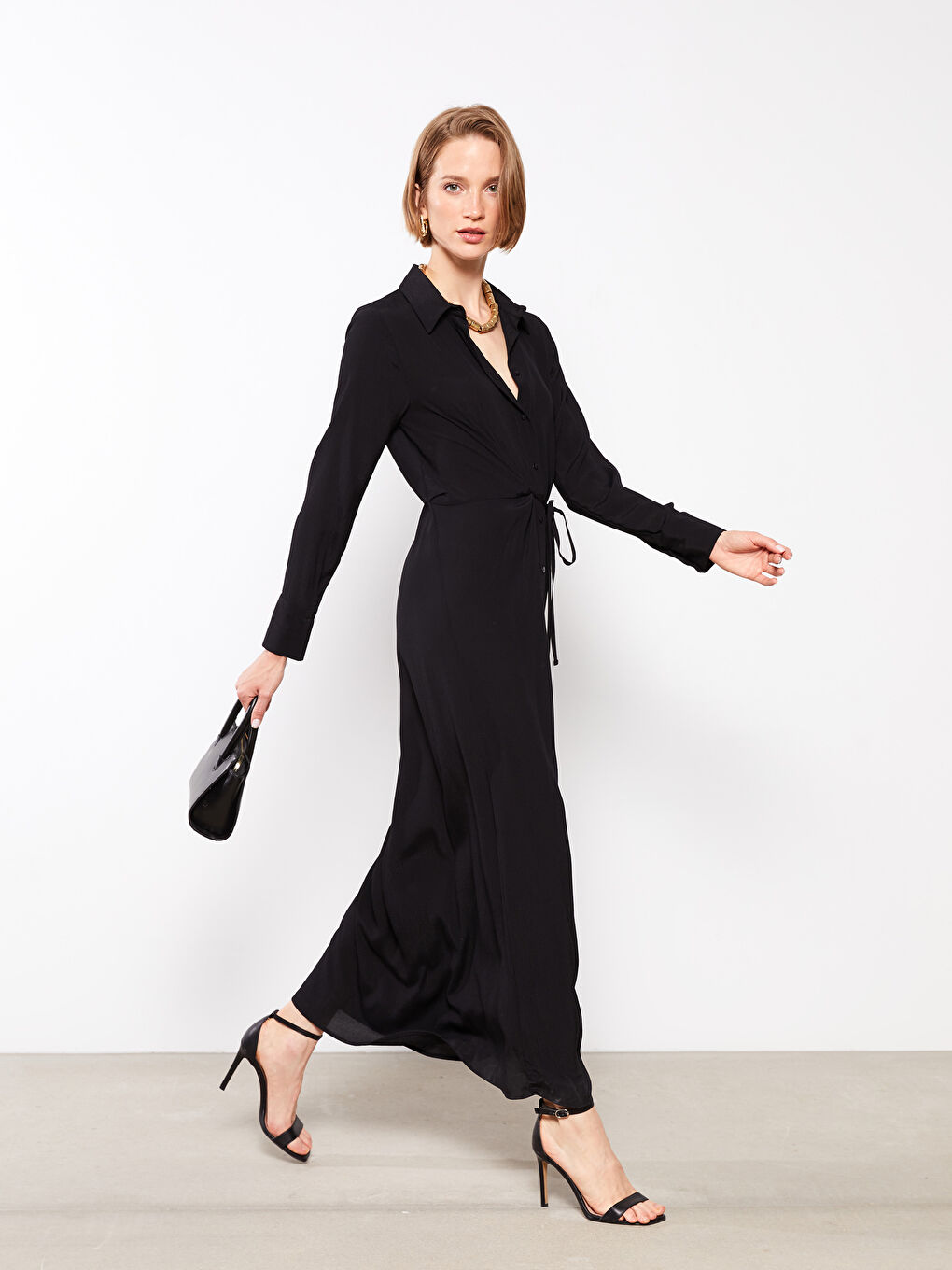 Robe Chemise Femme Unie à Manches Longues en Viscose-3