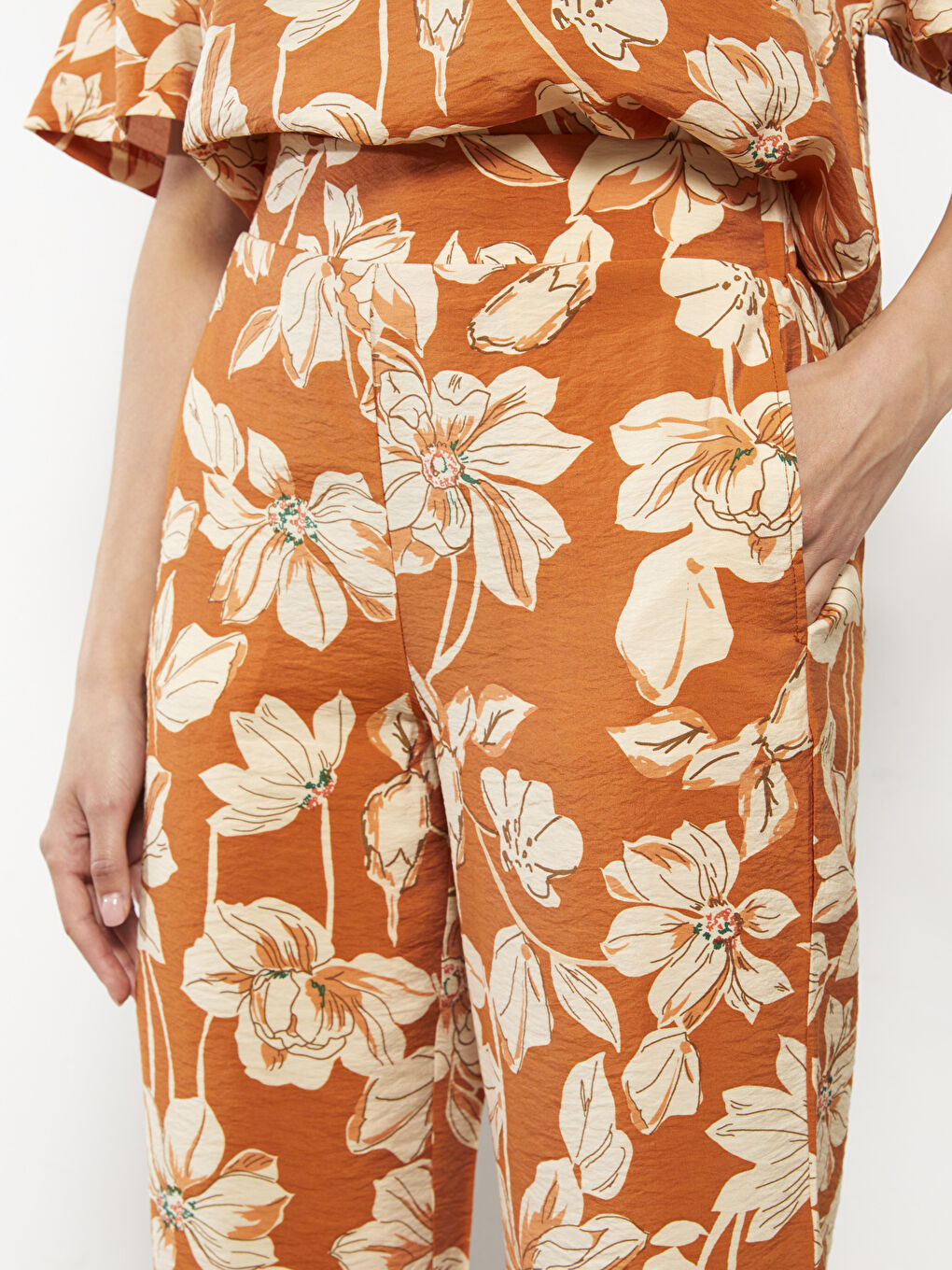 Turuncu Beli Lastikli Desenli Kadın Kapri-3