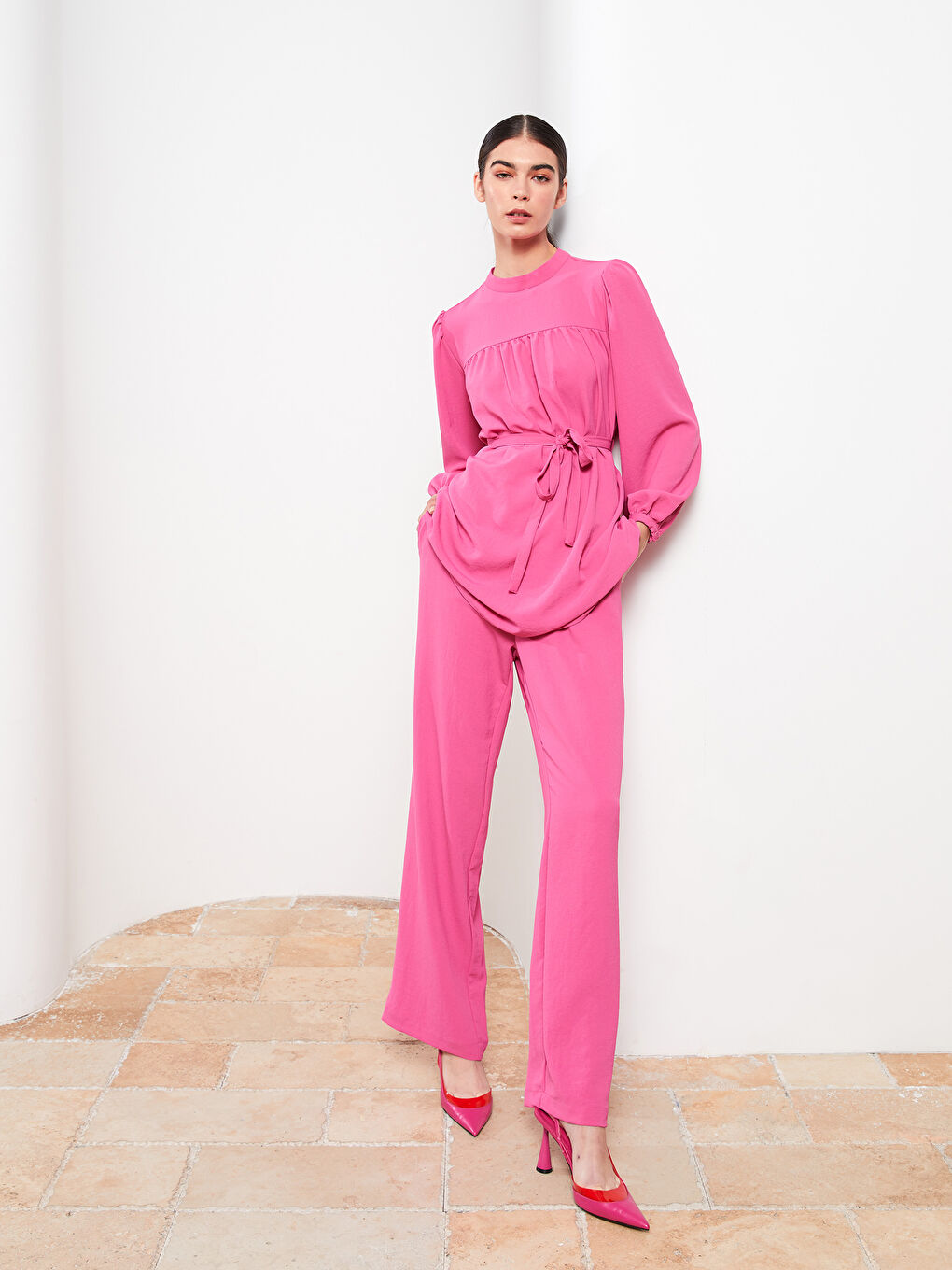 Fuşya Kadın Beli Lastikli Rahat Kalıp Düz Pantolon