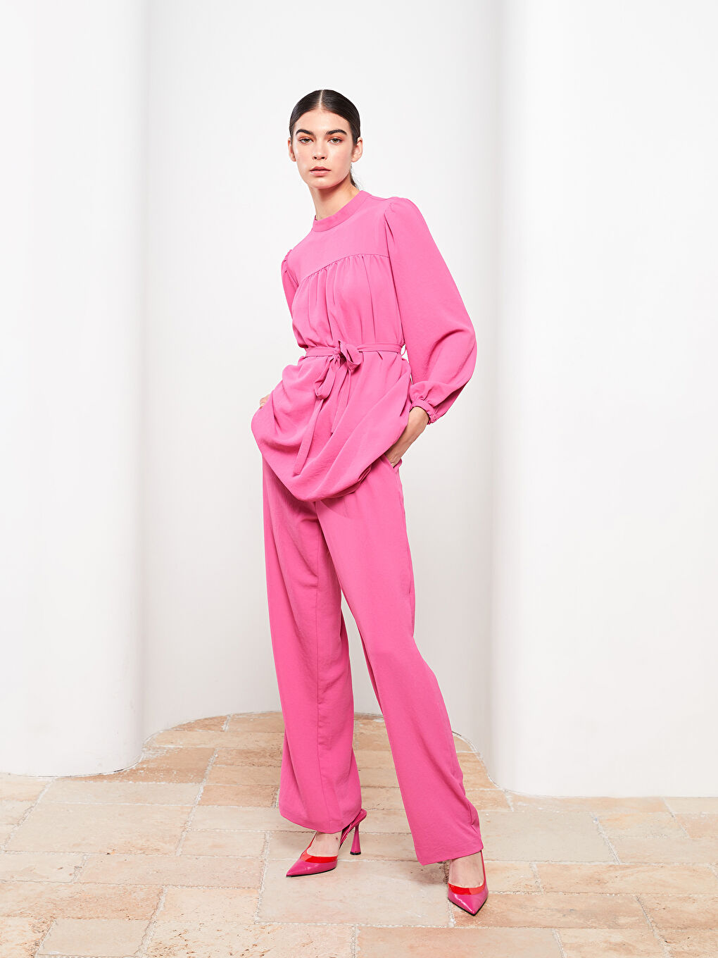 Fuşya Kadın Beli Lastikli Rahat Kalıp Düz Pantolon-1