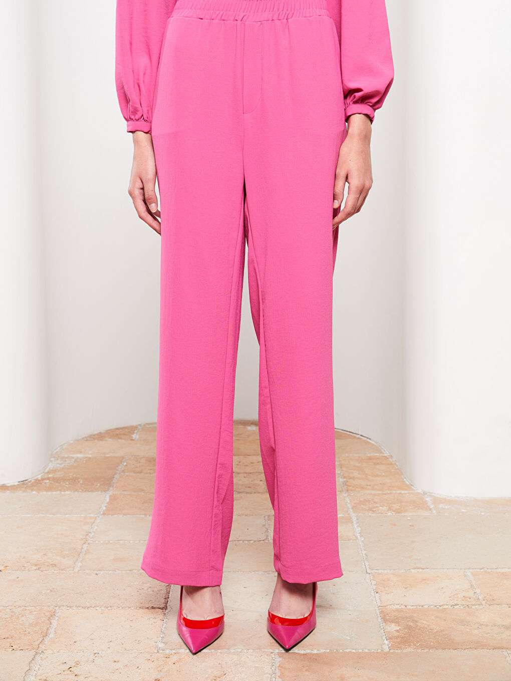Fuşya Kadın Beli Lastikli Rahat Kalıp Düz Pantolon-3