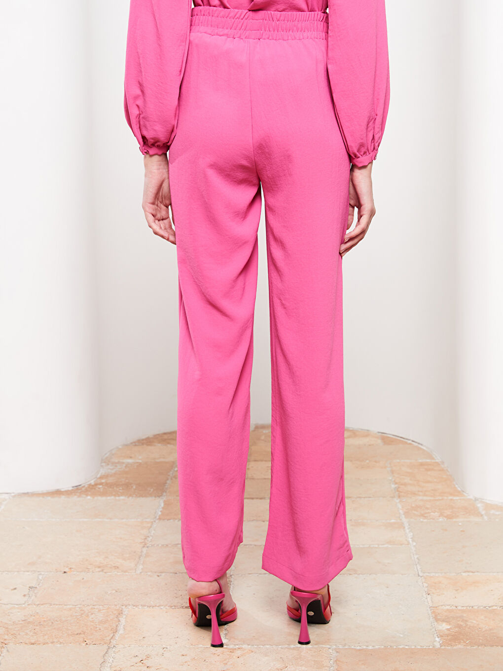 Fuşya Kadın Beli Lastikli Rahat Kalıp Düz Pantolon-4