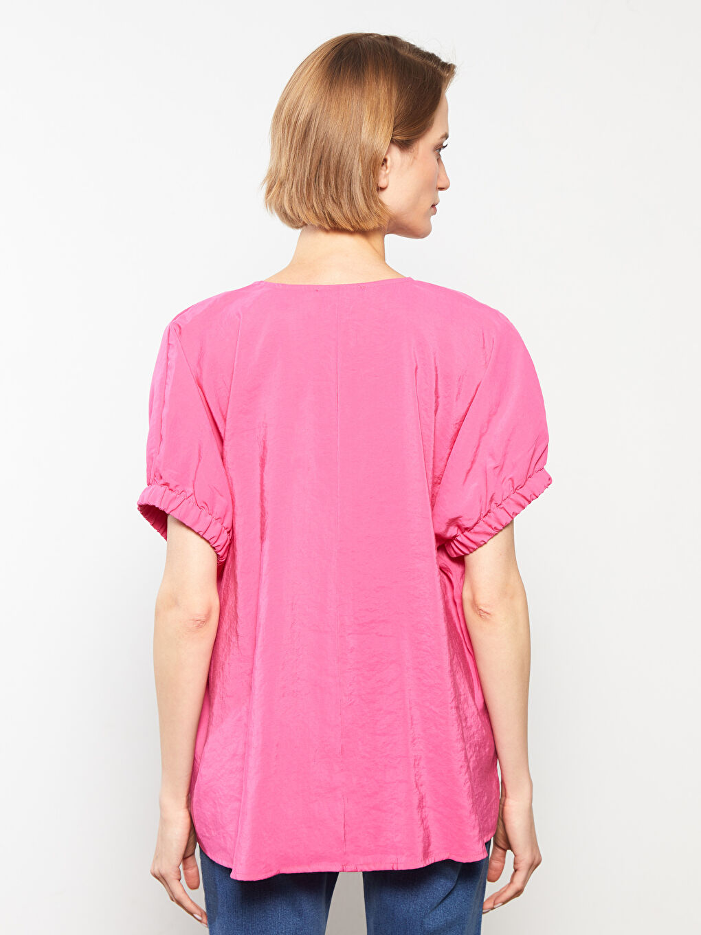 Pembe Kaçık Yaka Düz Kısa Kollu Kadın Bluz-4
