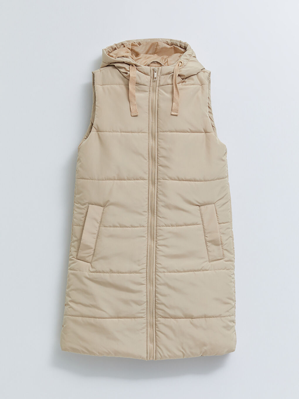 Bej Kapüşonlu Düz Cep Detaylı Kadın Şişme Yelek-5