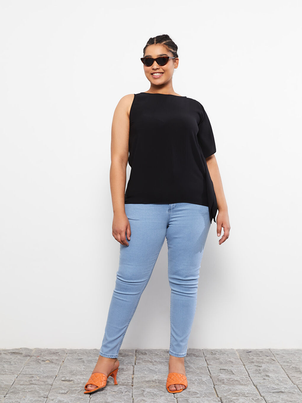 Siyah Büyük Beden Bisiklet Yaka Düz Poplin Kadın Bluz