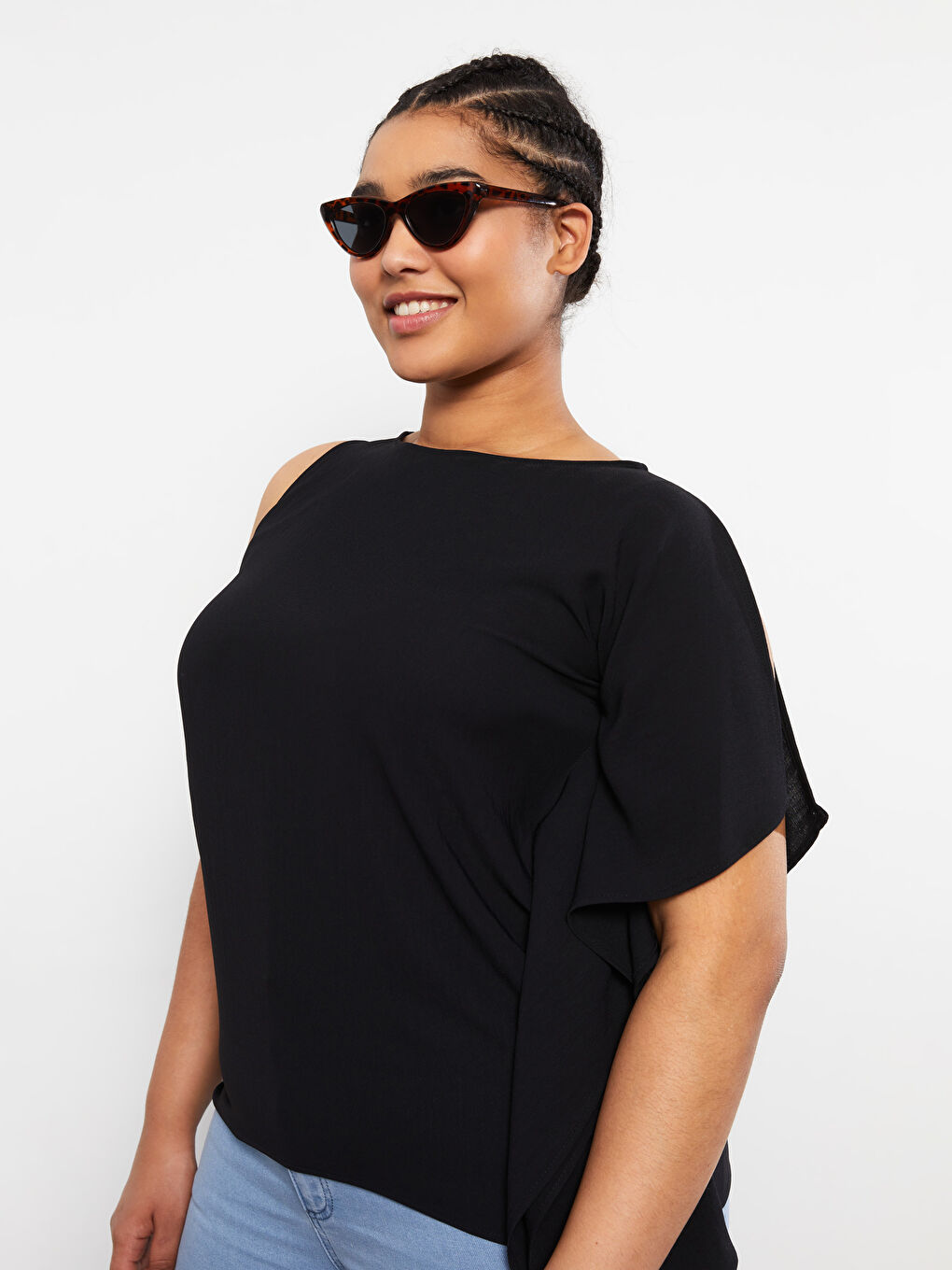 Siyah Büyük Beden Bisiklet Yaka Düz Poplin Kadın Bluz-1