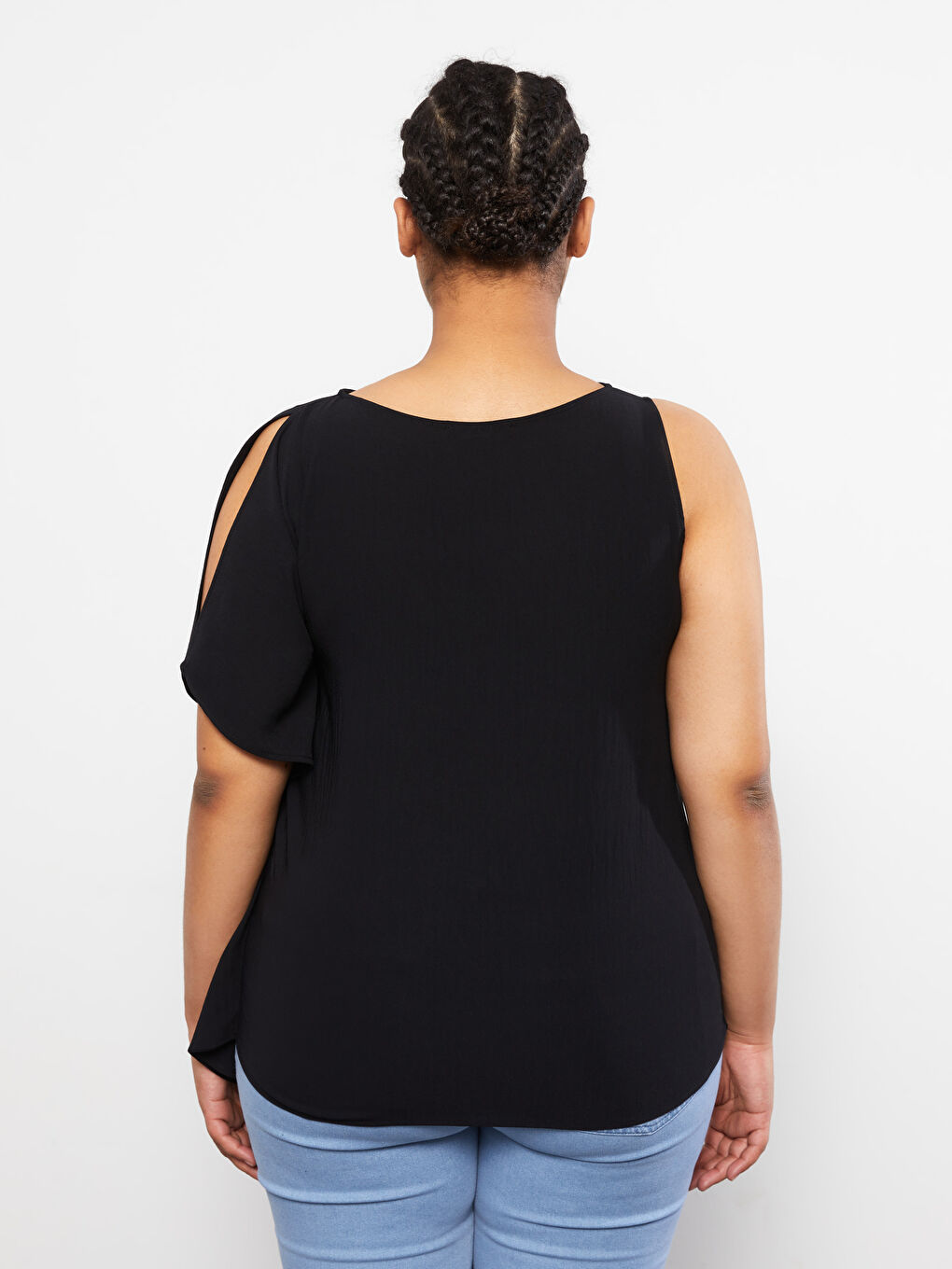 Siyah Büyük Beden Bisiklet Yaka Düz Poplin Kadın Bluz-4