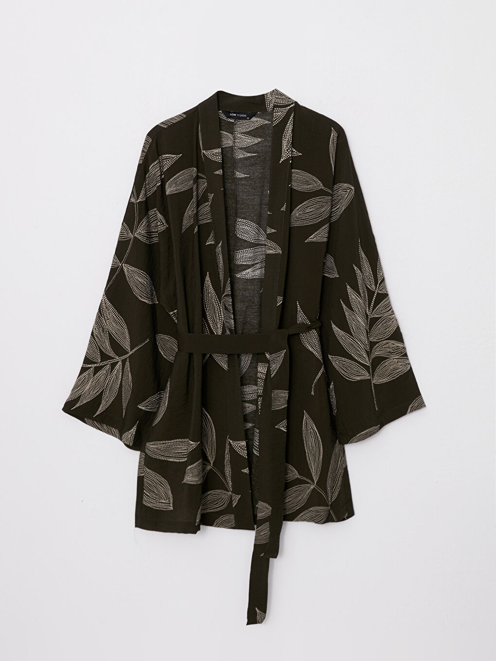Haki Şal Yaka Desenli Uzun Kollu Kadın Kimono-5