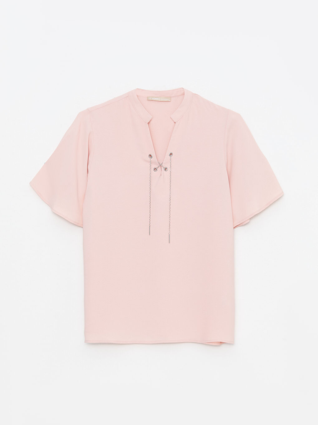 Pembe Kaçık Yaka Düz Kısa Kollu Poplin Kadın Bluz