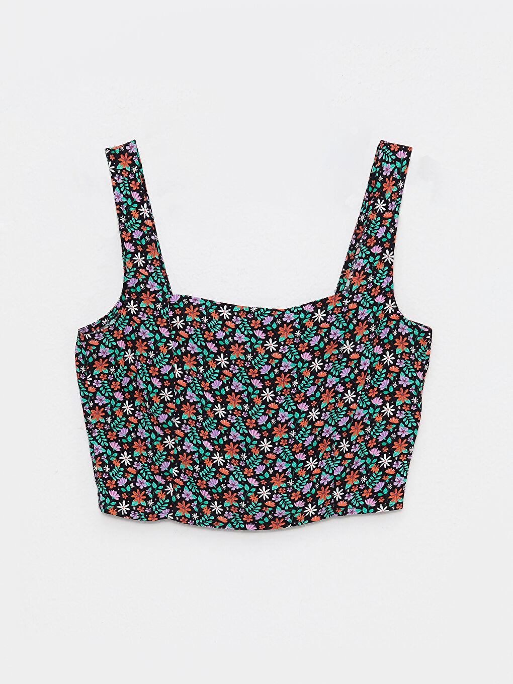 Siyah Kare Yaka Desenli Kolsuz Viskon Kadın Bluz-5