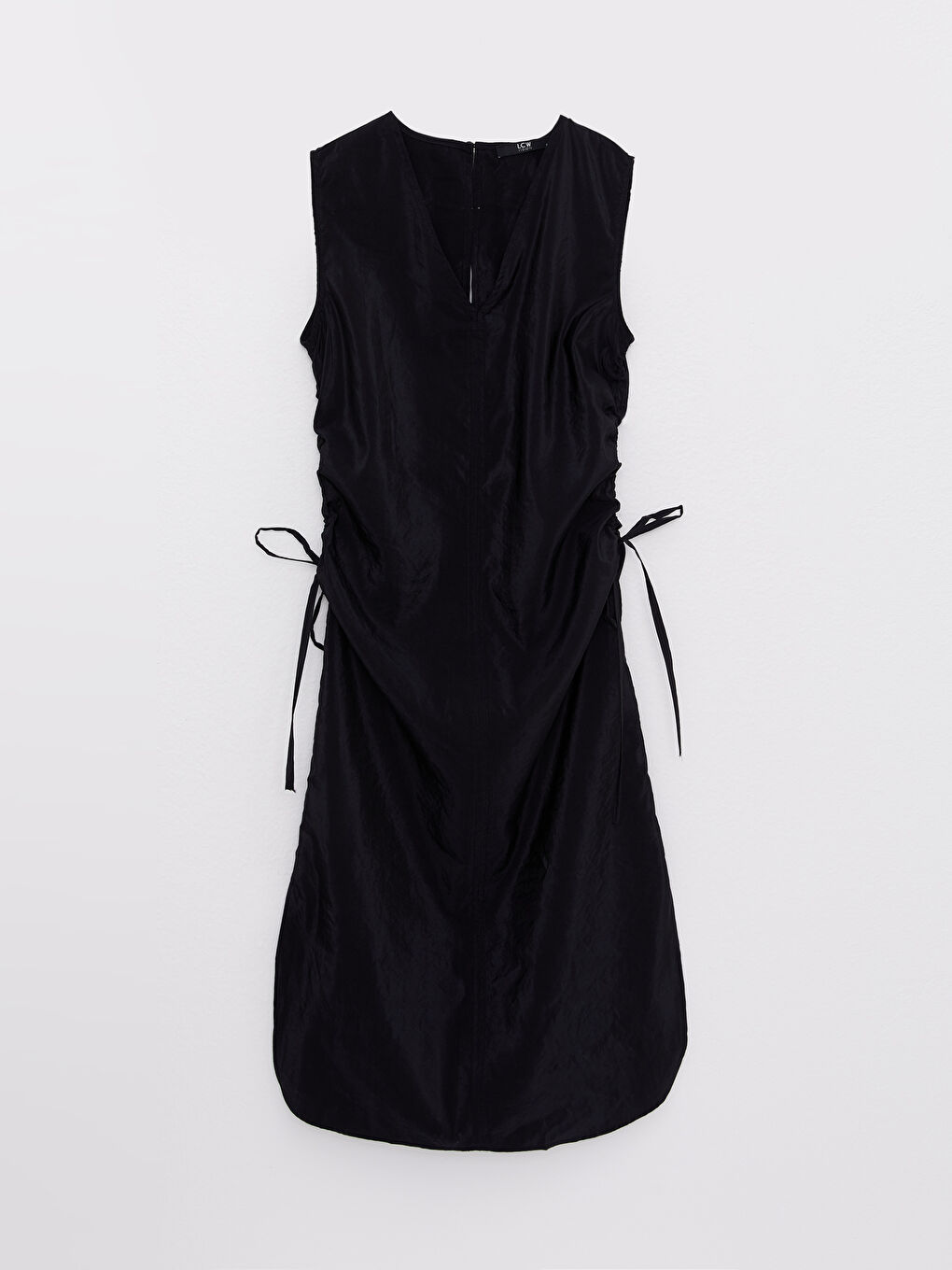 Siyah Kadın V Yaka Düz Kolsuz Elbise-5