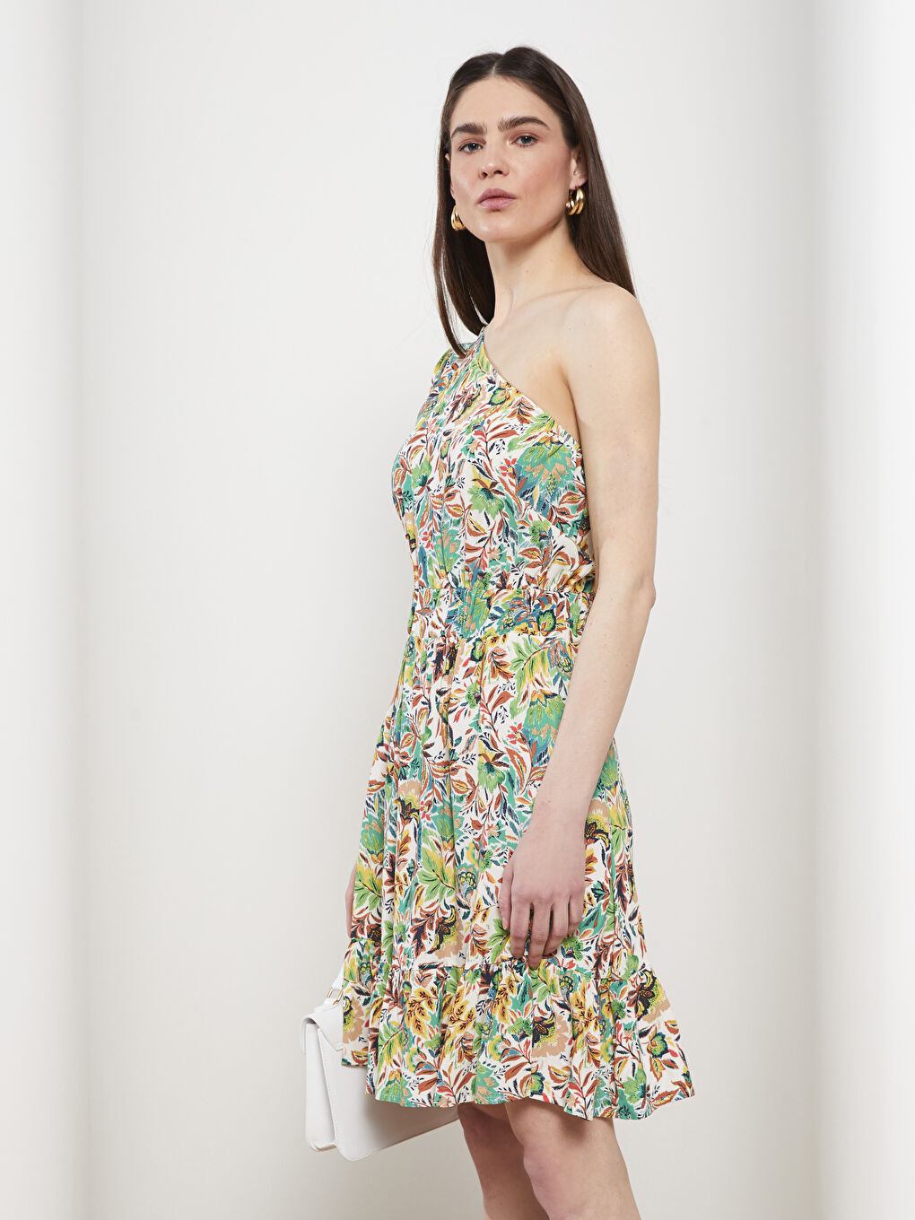 Платье на одно плечо с цветочным узором и коротким рукавом из вискозы для женщин-2