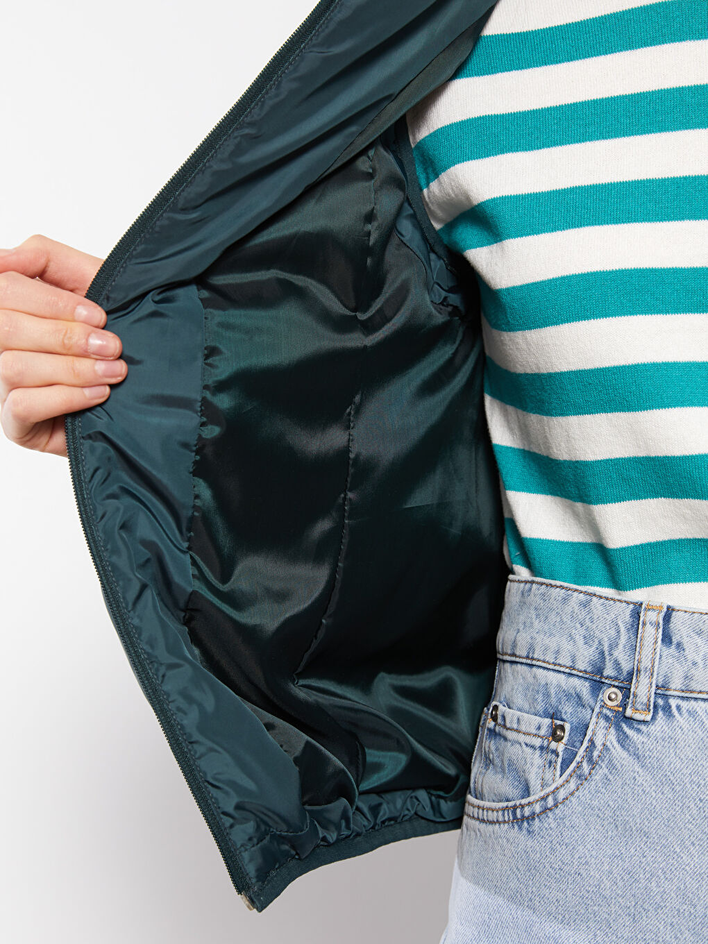 Yeşil Kadın Kapüşonlu Düz Yelek-3