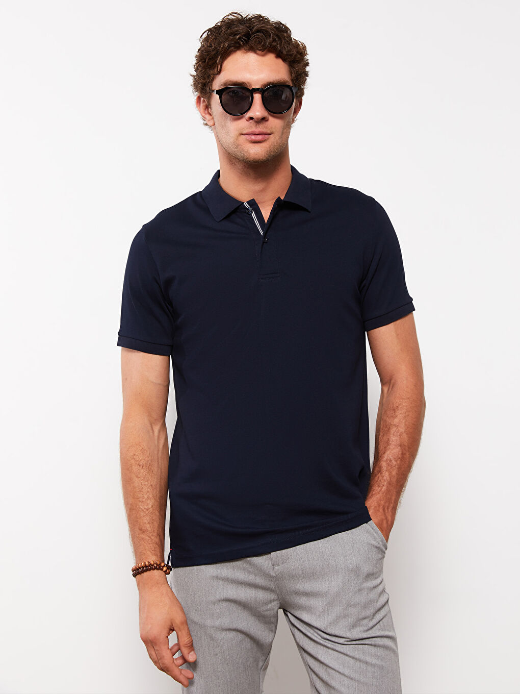Lacivert Polo Yaka Kısa Kollu Erkek Tişört-1