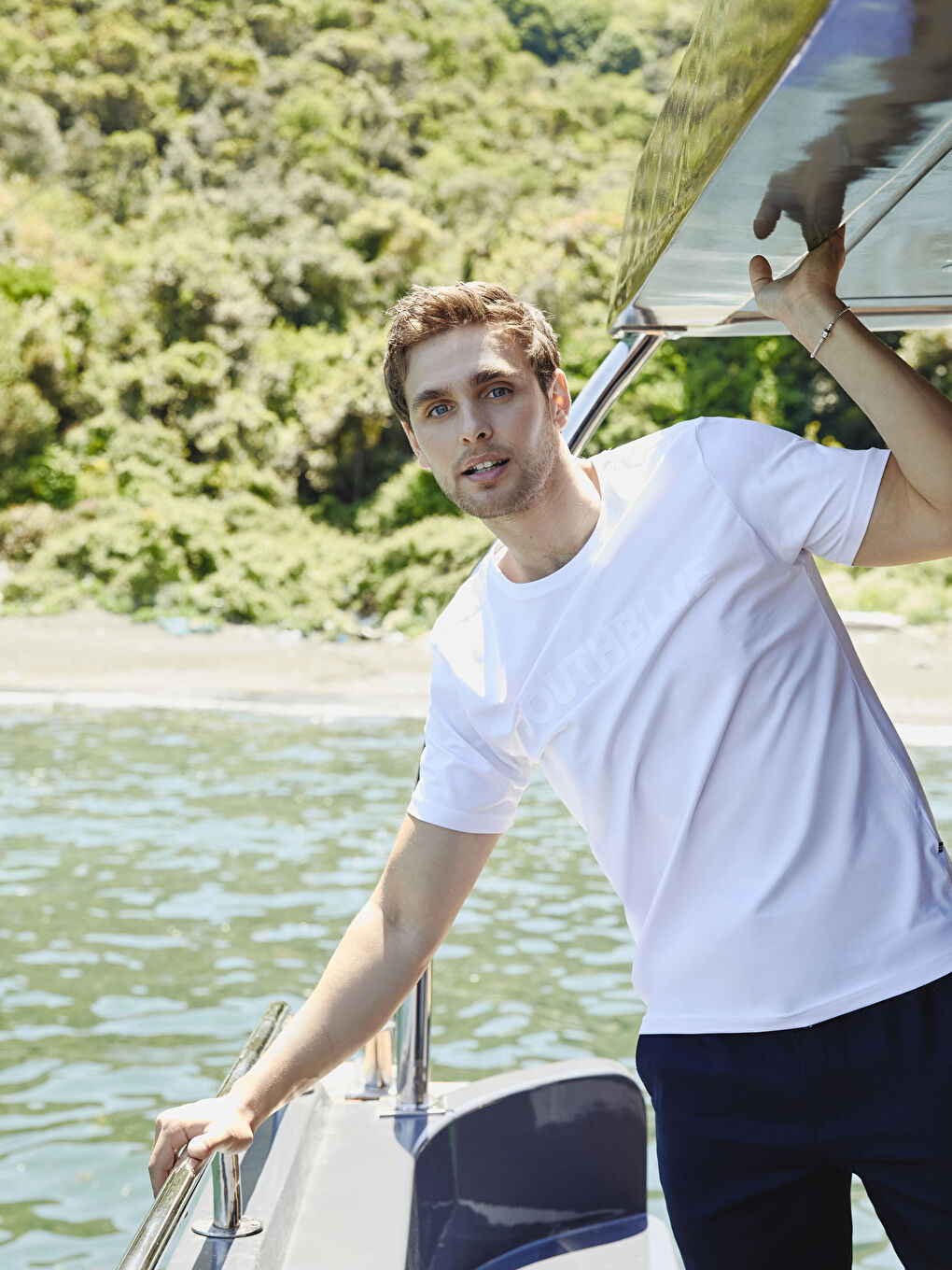 Тениска с кръгло деколте, къс ръкав, отпечатана, от пениран памук за мъже