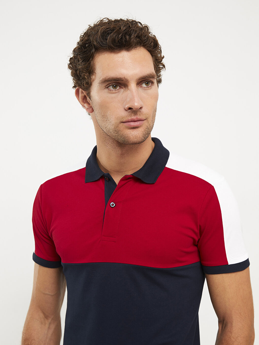 Lacivert Polo Yaka Kısa Kollu Renk Bloklu Erkek Tişört