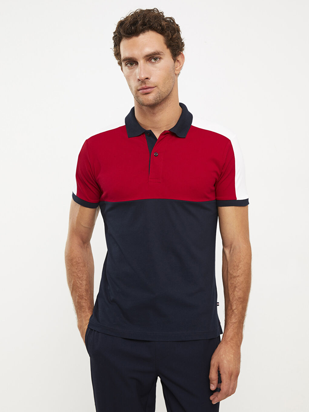 Lacivert Polo Yaka Kısa Kollu Renk Bloklu Erkek Tişört-1