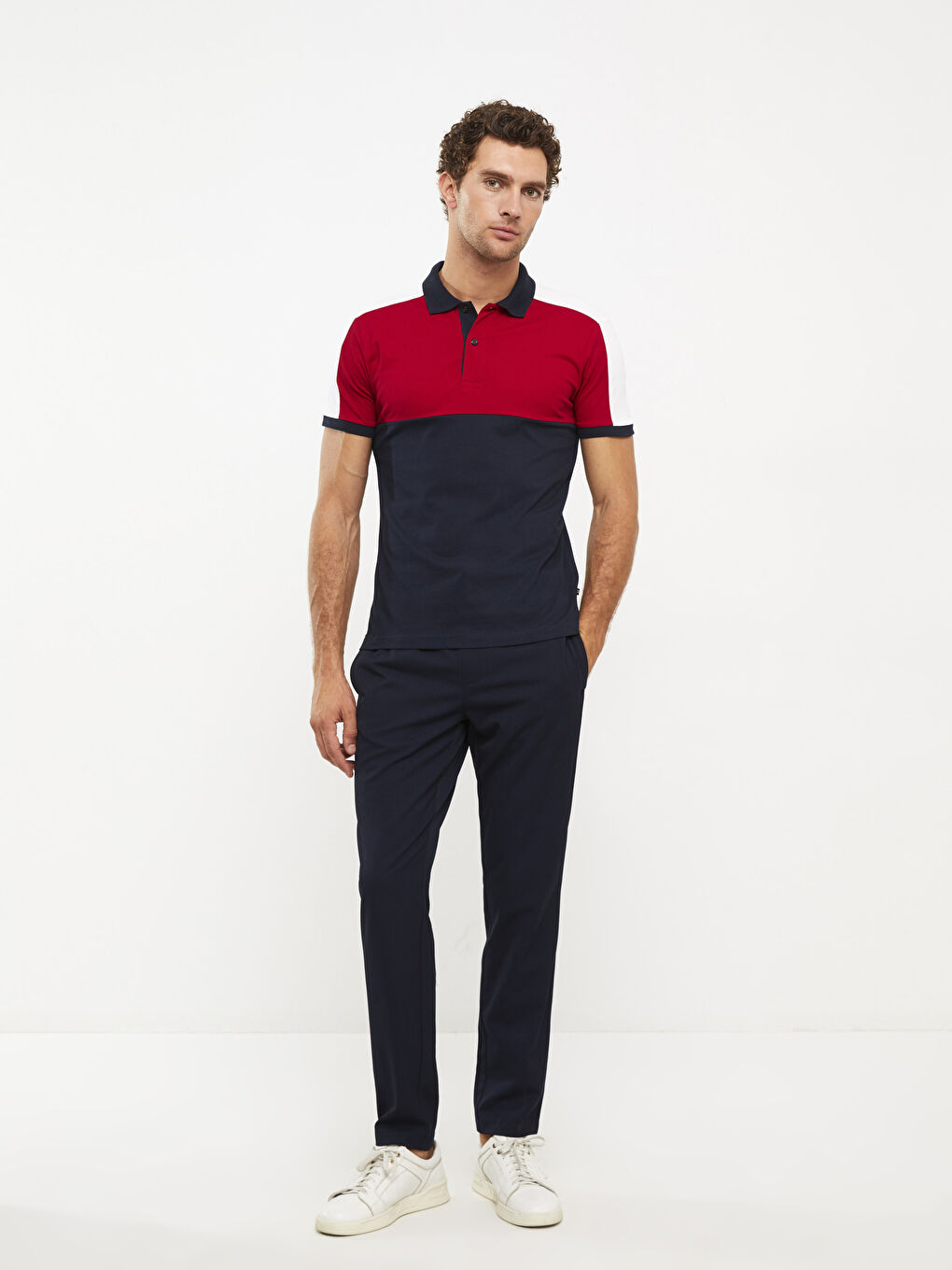 Lacivert Polo Yaka Kısa Kollu Renk Bloklu Erkek Tişört-2