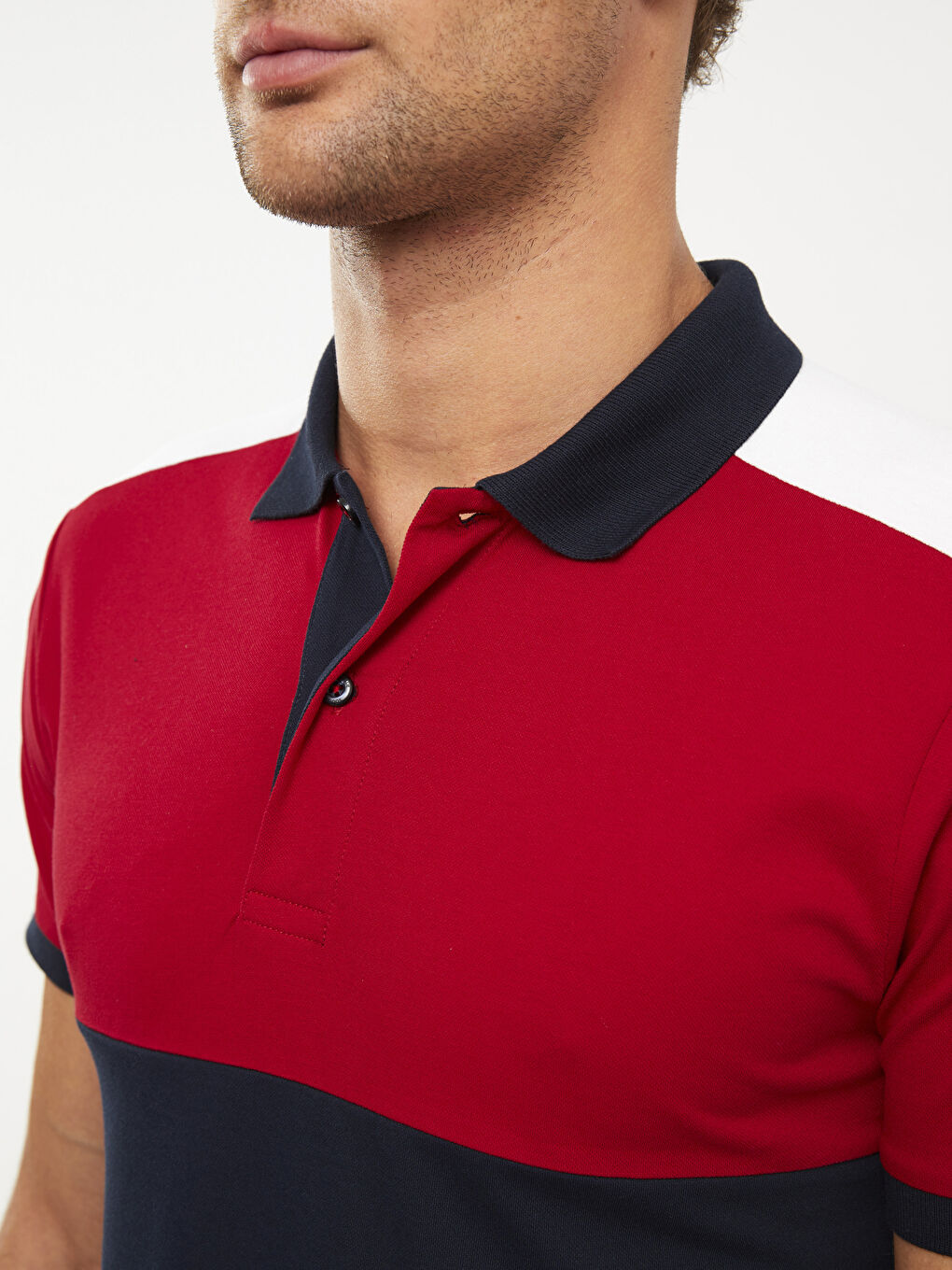 Lacivert Polo Yaka Kısa Kollu Renk Bloklu Erkek Tişört-3