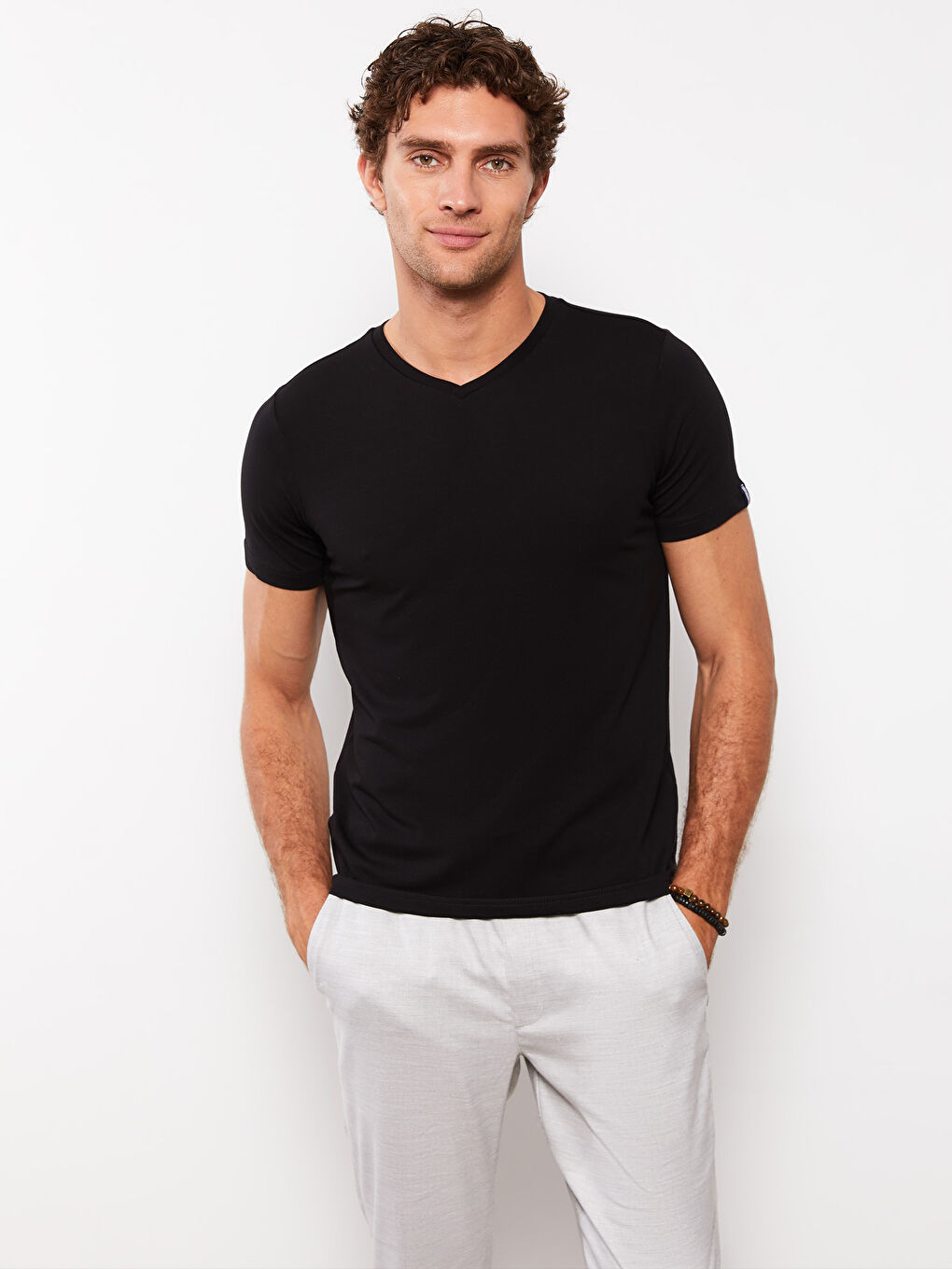 V Neck Short Sleeved Basic Combed Cotton Men's T-Shirt-1