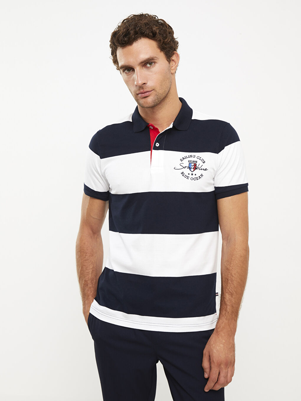Lacivert Polo Yaka Kısa Kollu Çizgili Erkek Tişört-1