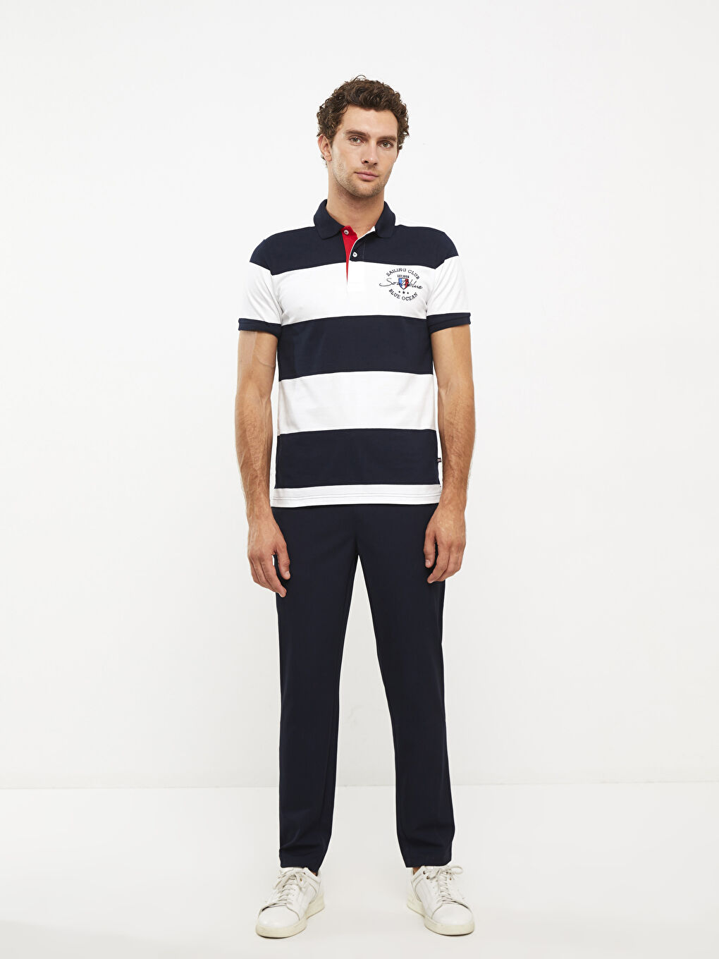 Lacivert Polo Yaka Kısa Kollu Çizgili Erkek Tişört-2